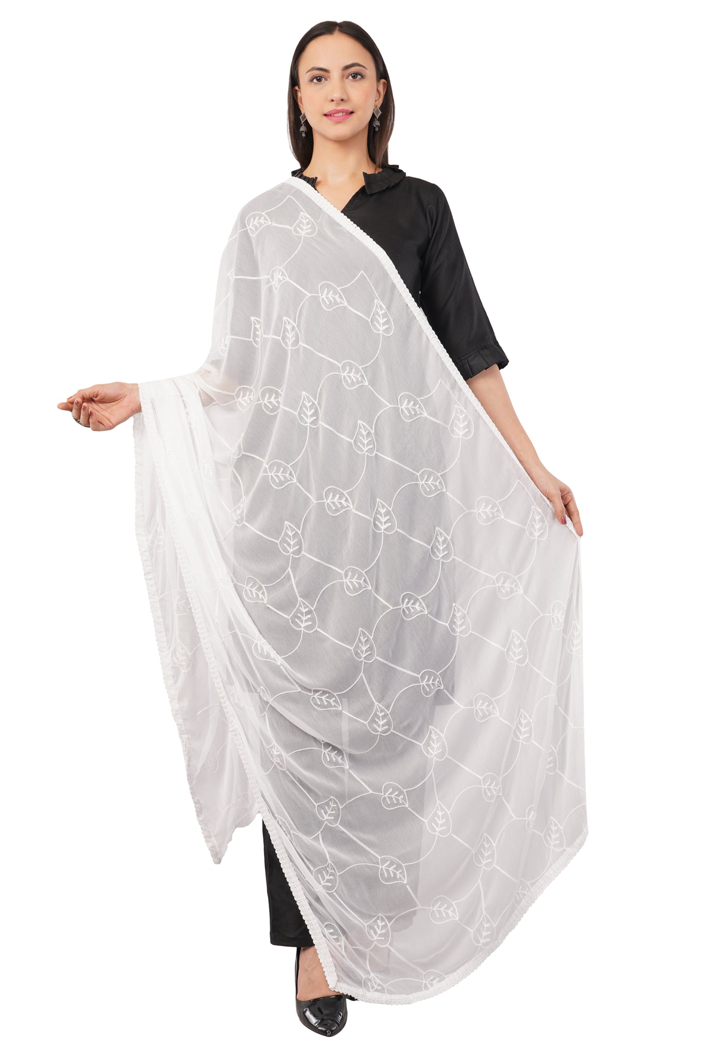 “Nazneen Chiffon Embroidered Dyeable Dupatta (ND12) with delicate embroidery – lightweight, breathable, and perfect for custom dyeing and everyday ethnic wear by Negchaar”