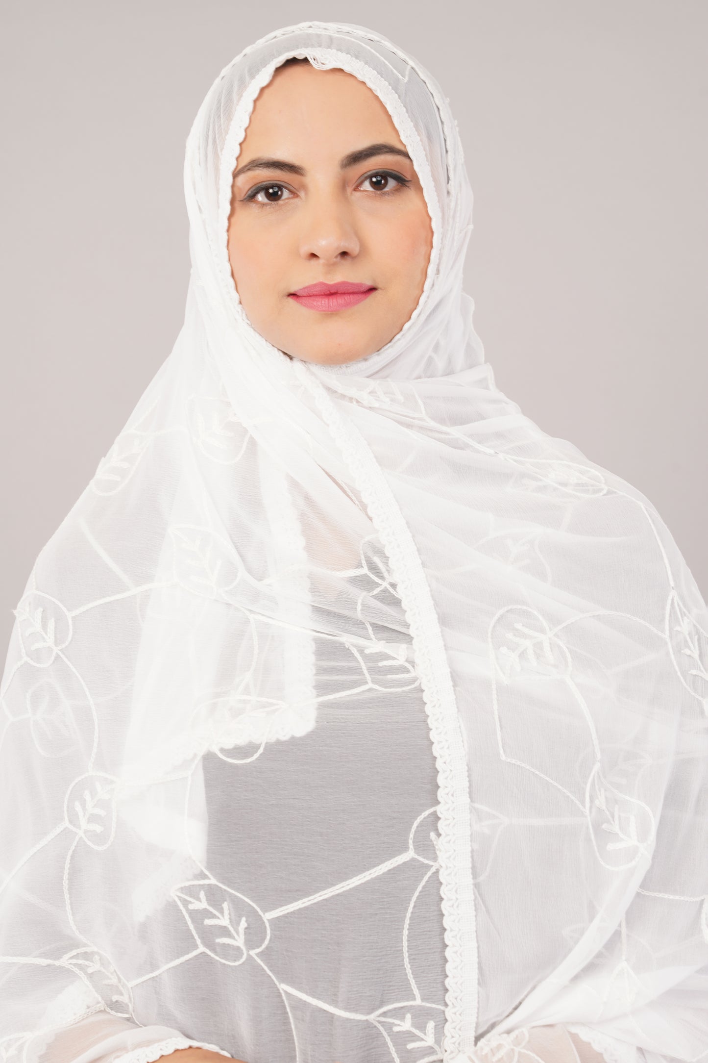 “Nazneen Chiffon Embroidered Dyeable Dupatta (ND12) with delicate embroidery – lightweight, breathable, and perfect for custom dyeing and everyday ethnic wear by Negchaar”