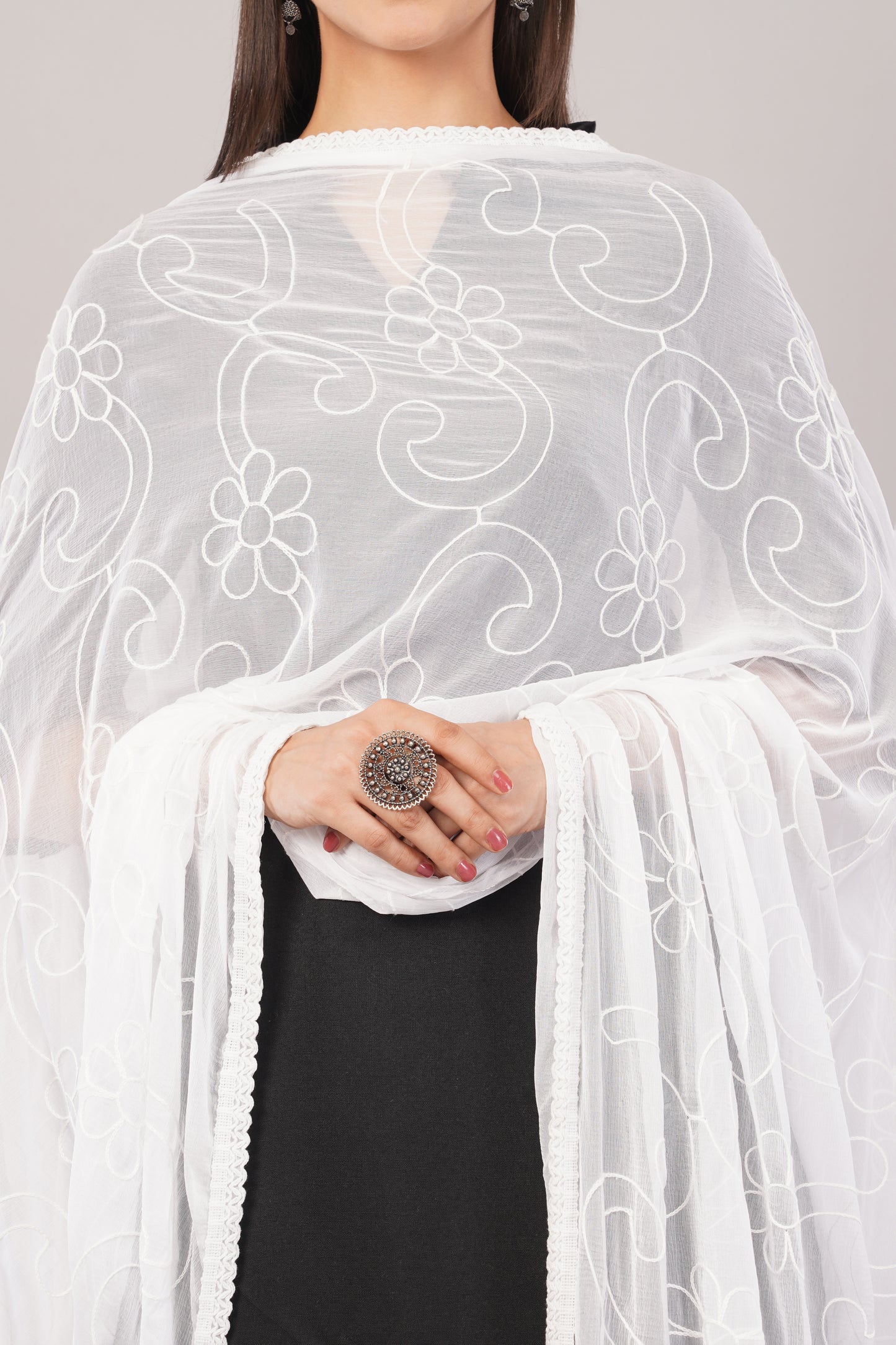 “Nazneen Chiffon Embroidered Dyeable Dupatta (ND4) with delicate embroidery – lightweight, breathable, and perfect for custom dyeing and everyday ethnic wear by Negchaar”