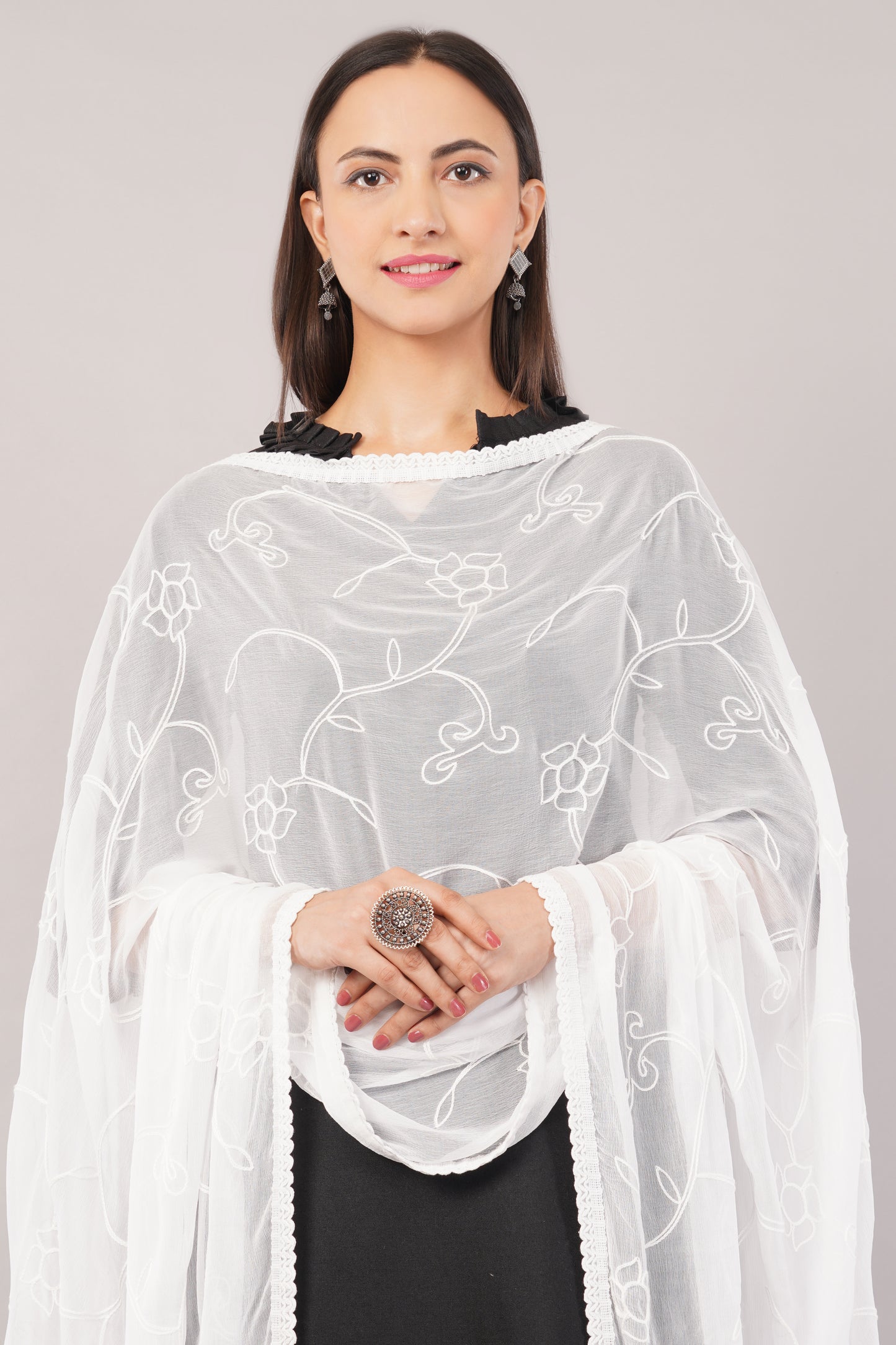 “Nazneen Chiffon Embroidered Dyeable Dupatta (ND7) with delicate embroidery – lightweight, breathable, and perfect for custom dyeing and everyday ethnic wear by Negchaar”