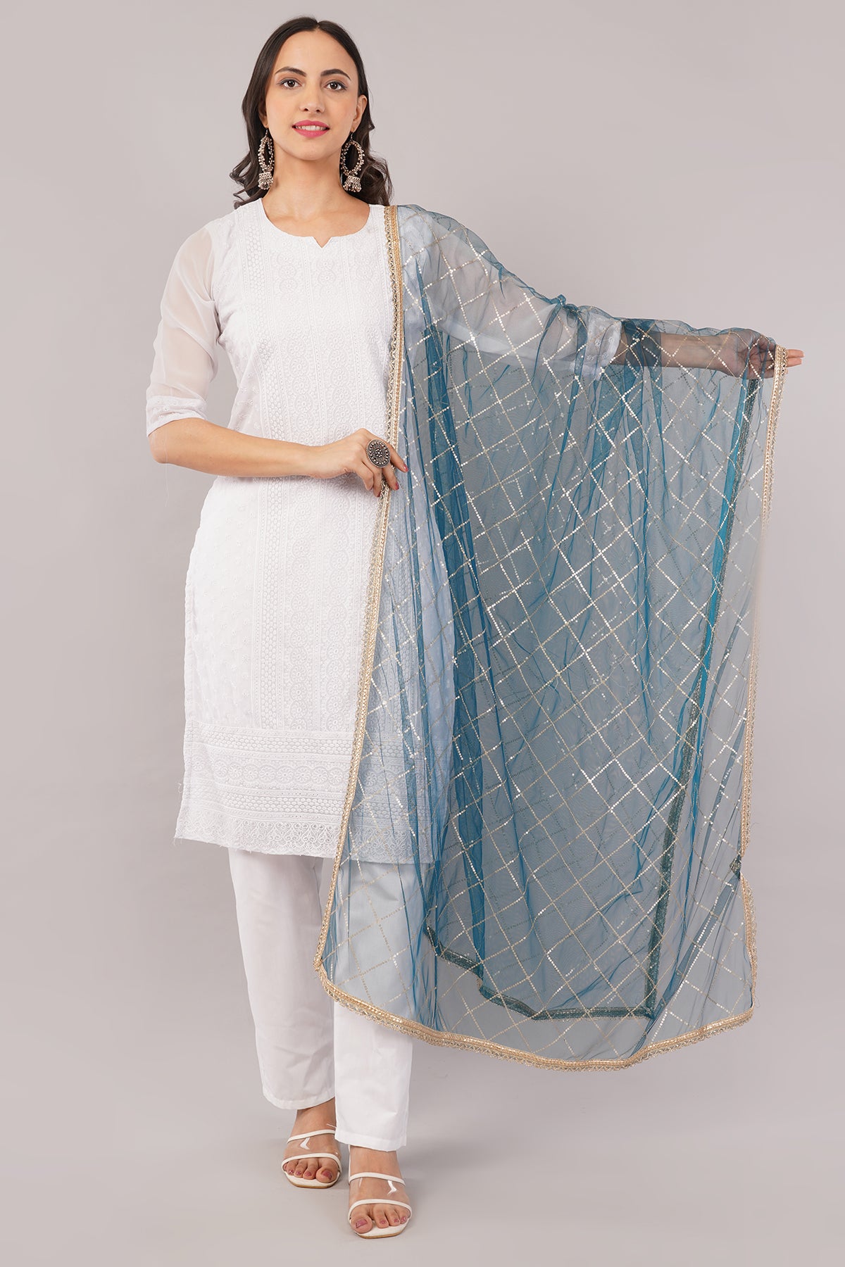 Net Sequins Chex Dupatta (NB10) - Negchaar