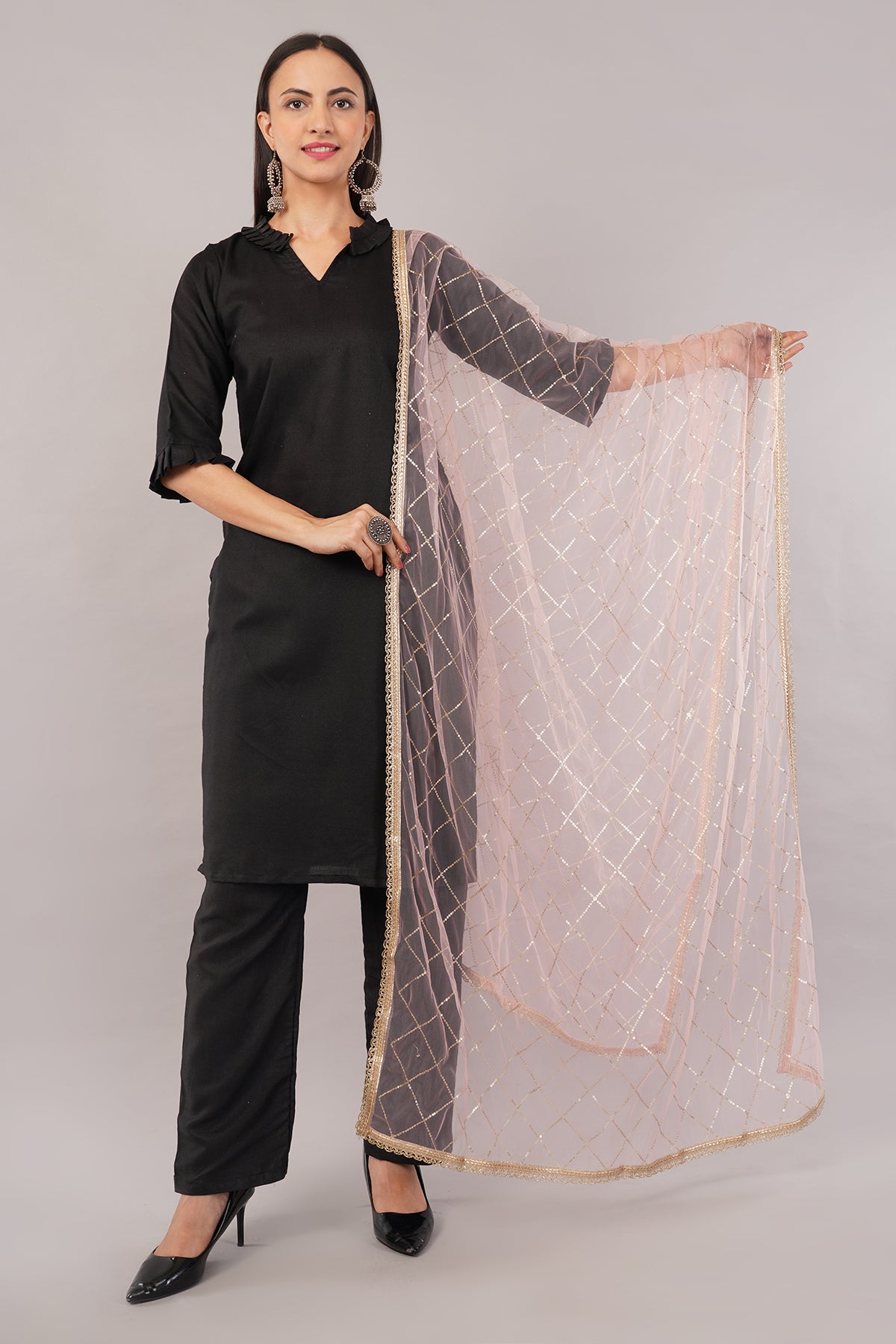Net Sequins Chex Dupatta (NB7) - Negchaar