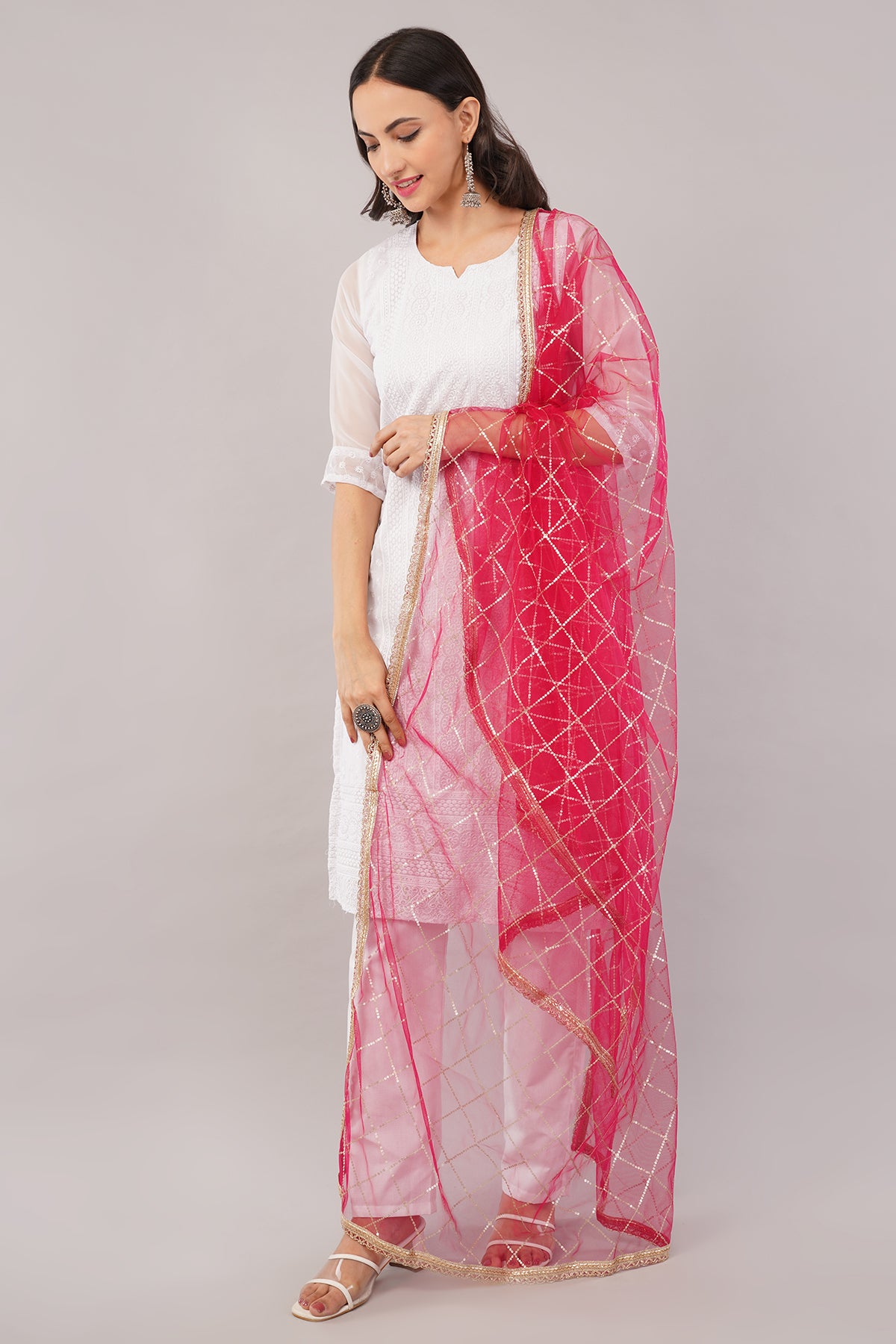 Net Sequins Chex Dupatta (NB9) - Negchaar