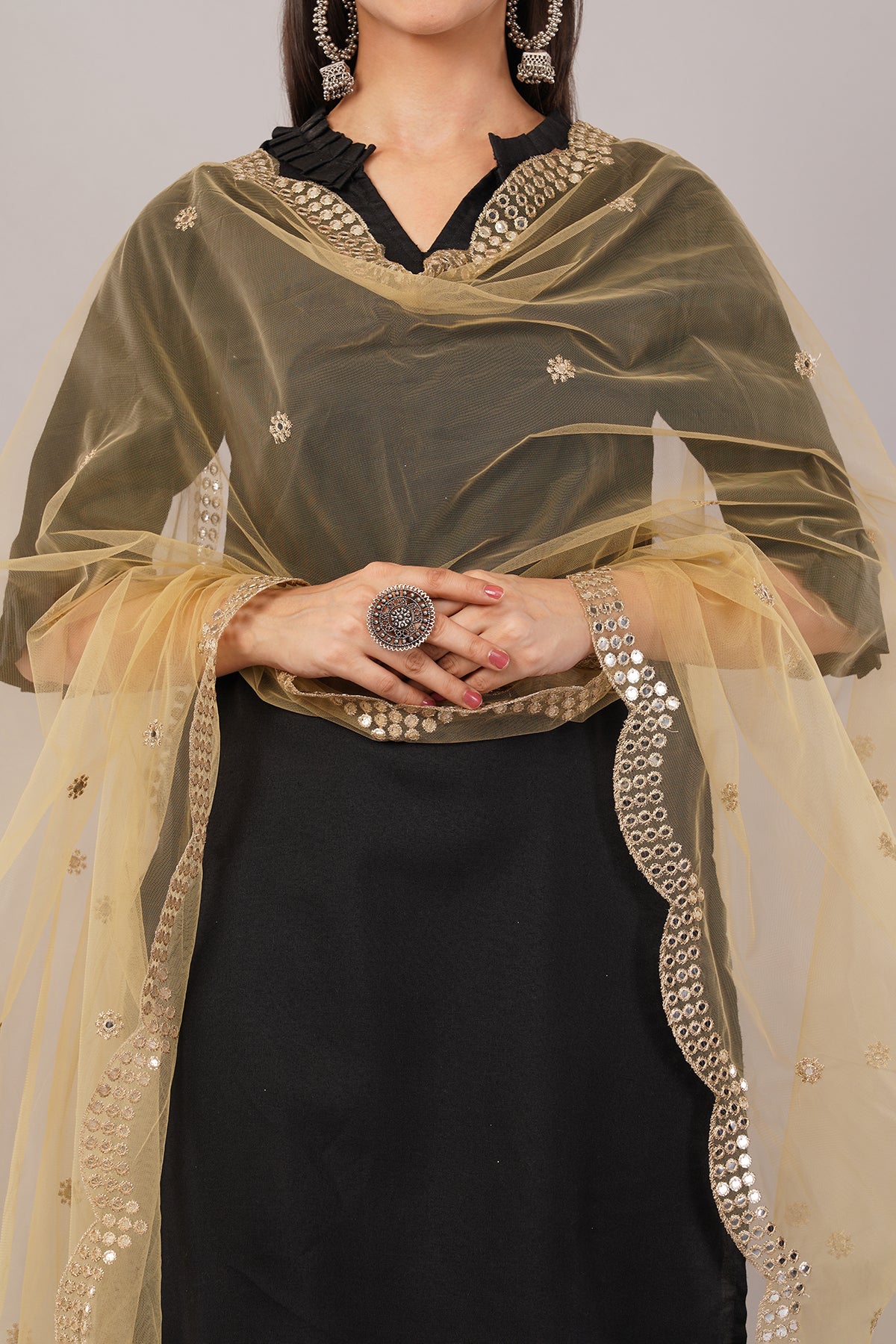 NET CUTWORK MIRROR DUPATTA (BEIGE) NC3- NEGCHAAR
