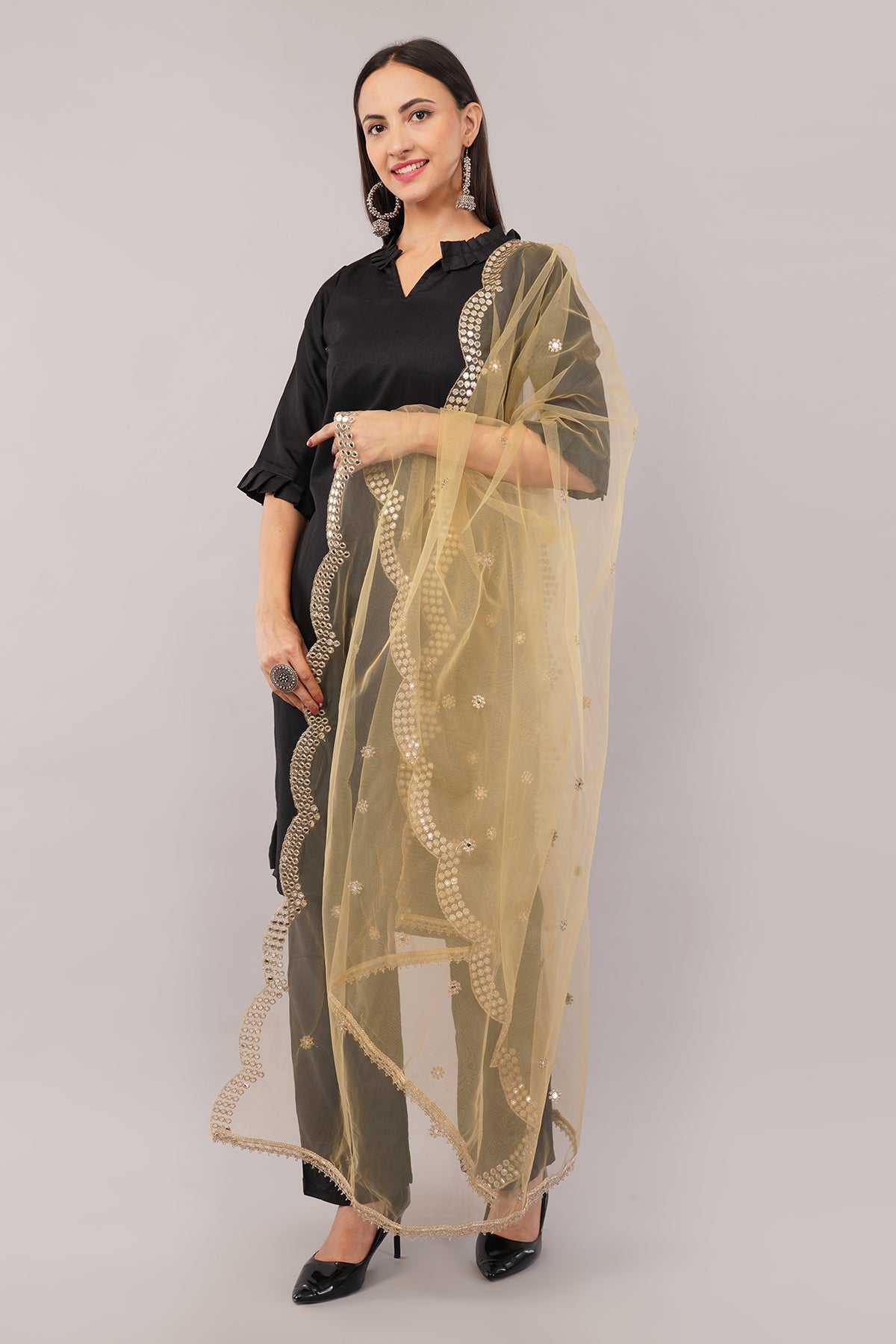 NET CUTWORK MIRROR DUPATTA (BEIGE) NC3- NEGCHAAR