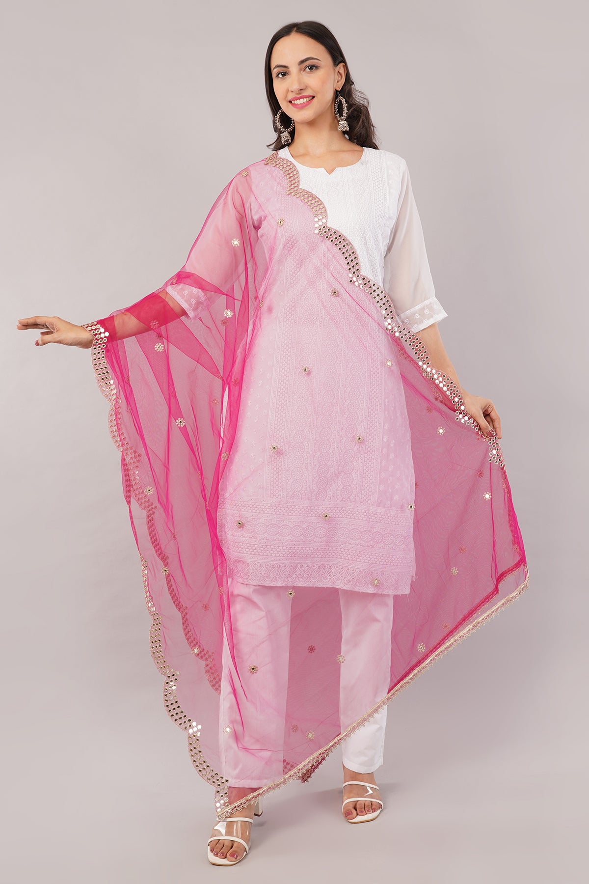 NET CUTWORK MIRROR DUPATTA (MARGENTA) NC9- NEGCHAAR