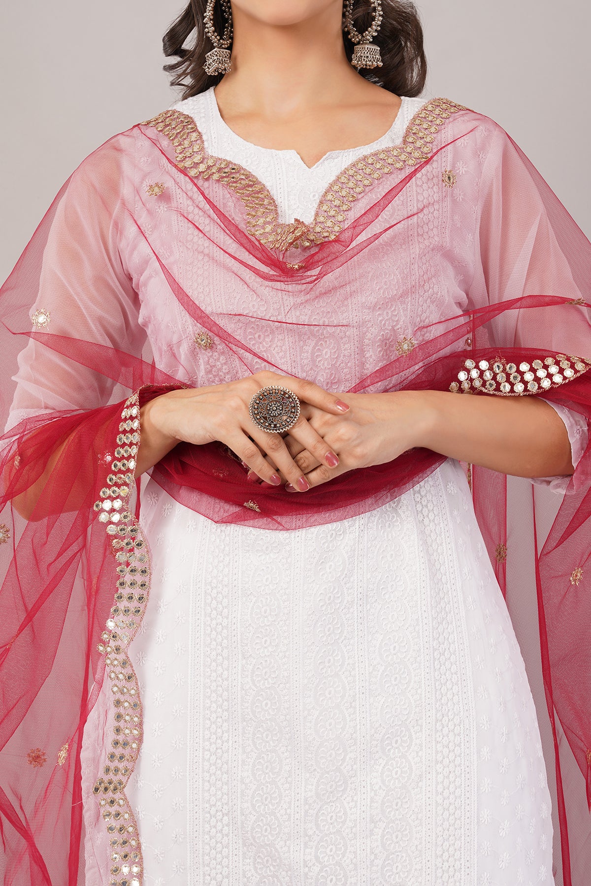 NET CUTWORK MIRROR DUPATTA (MAROON) NC5- NEGCHAAR