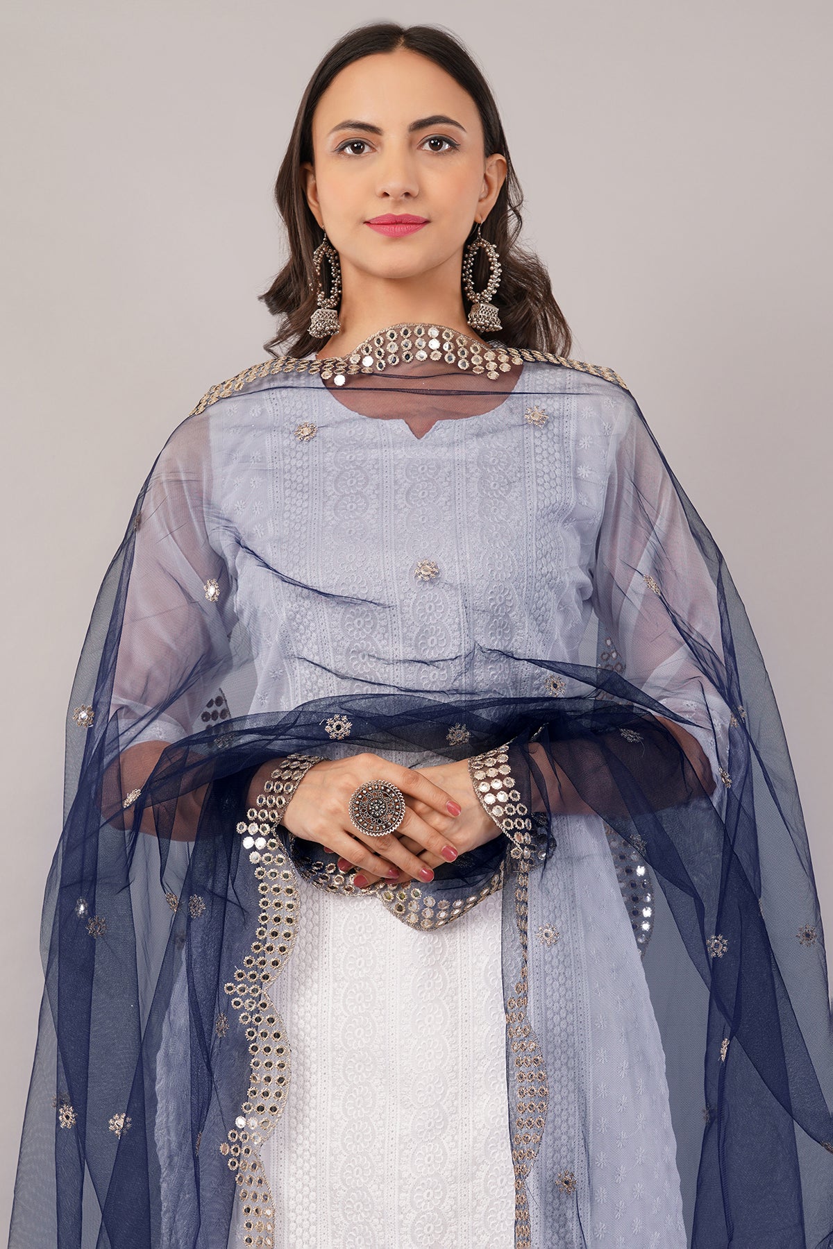 NET CUTWORK MIRROR DUPATTA (NAVY BLUE) NC8- NEGCHAAR