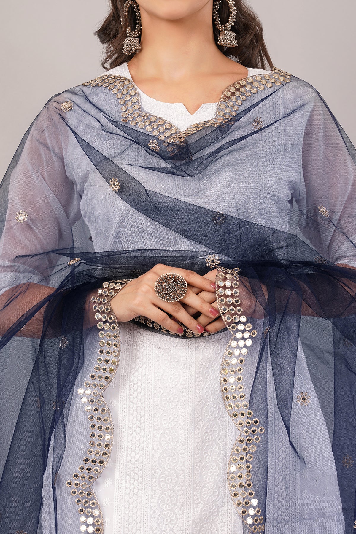NET CUTWORK MIRROR DUPATTA (NAVY BLUE) NC8- NEGCHAAR