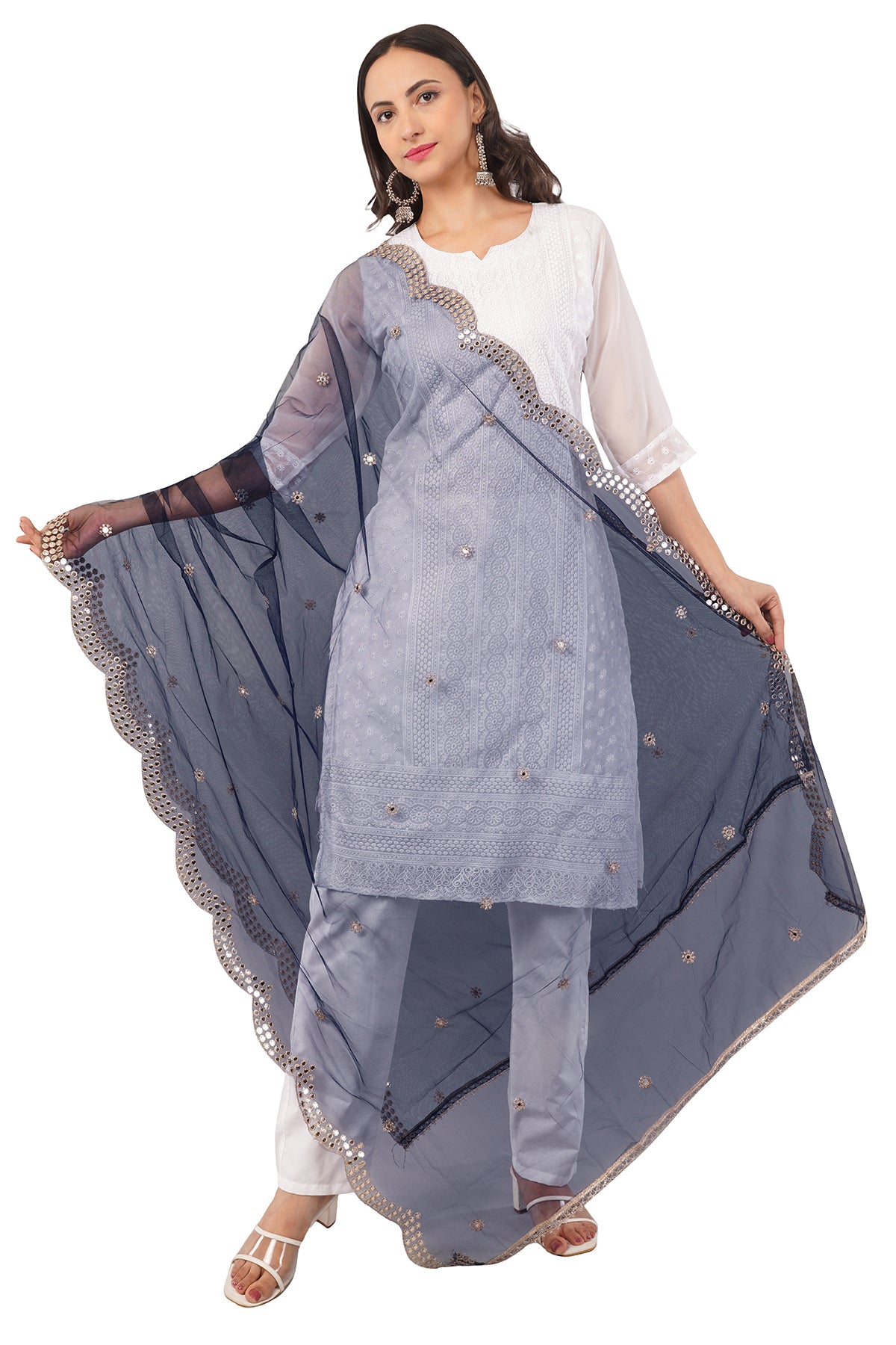 NET CUTWORK MIRROR DUPATTA (NAVY BLUE) NC8- NEGCHAAR