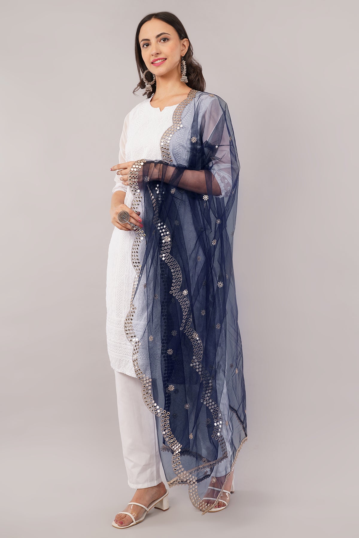 NET CUTWORK MIRROR DUPATTA (NAVY BLUE) NC8- NEGCHAAR
