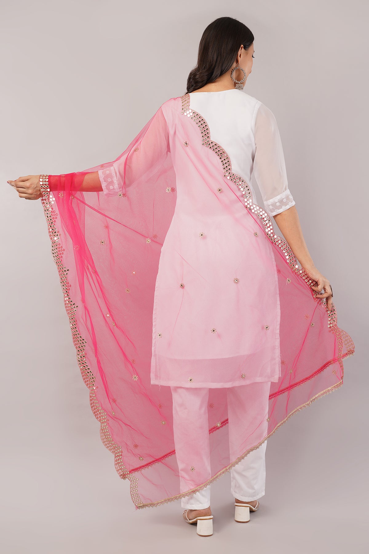 NET CUTWORK MIRROR DUPATTA (HOT PINK) NC4- NEGCHAAR