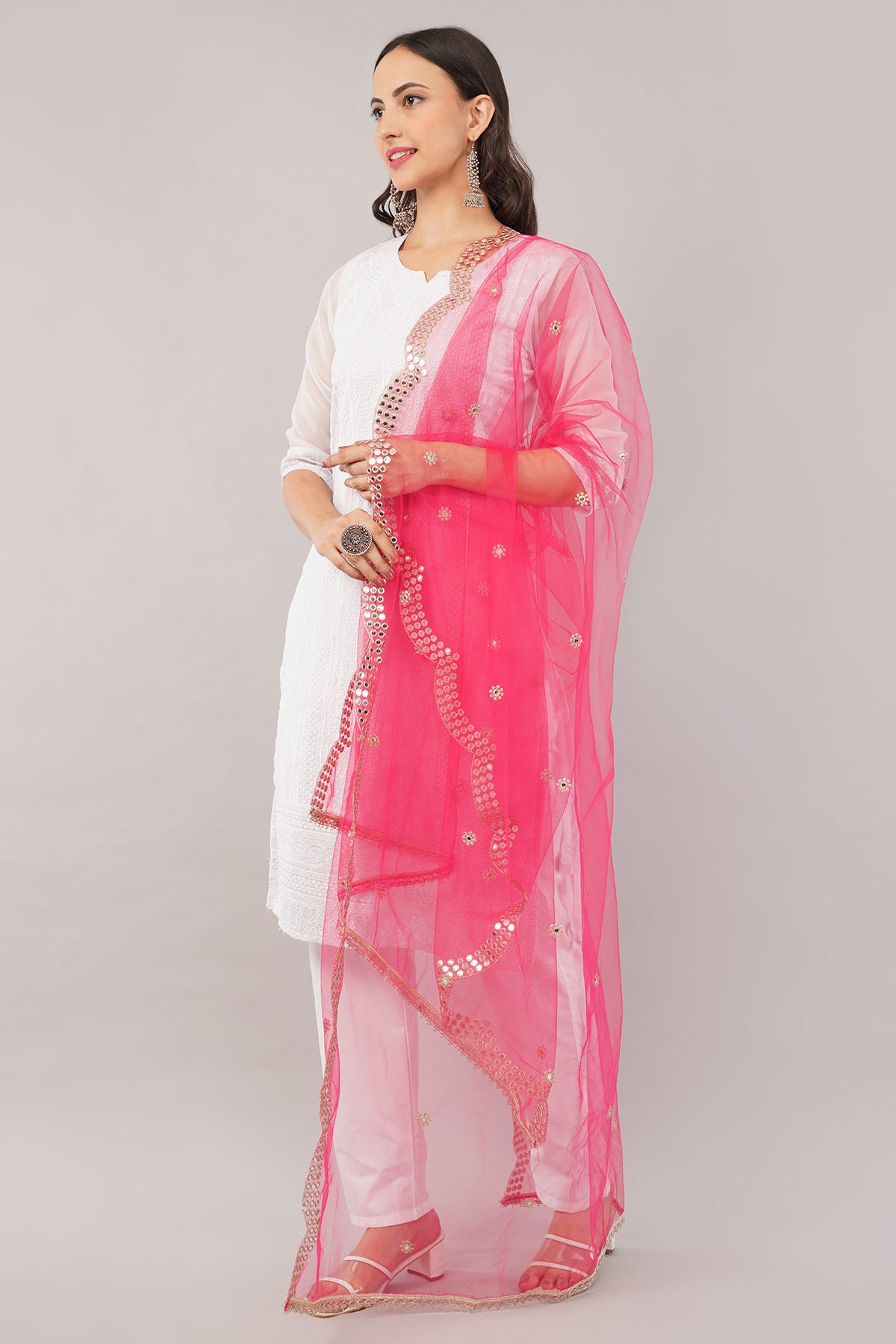 NET CUTWORK MIRROR DUPATTA (HOT PINK) NC4- NEGCHAAR