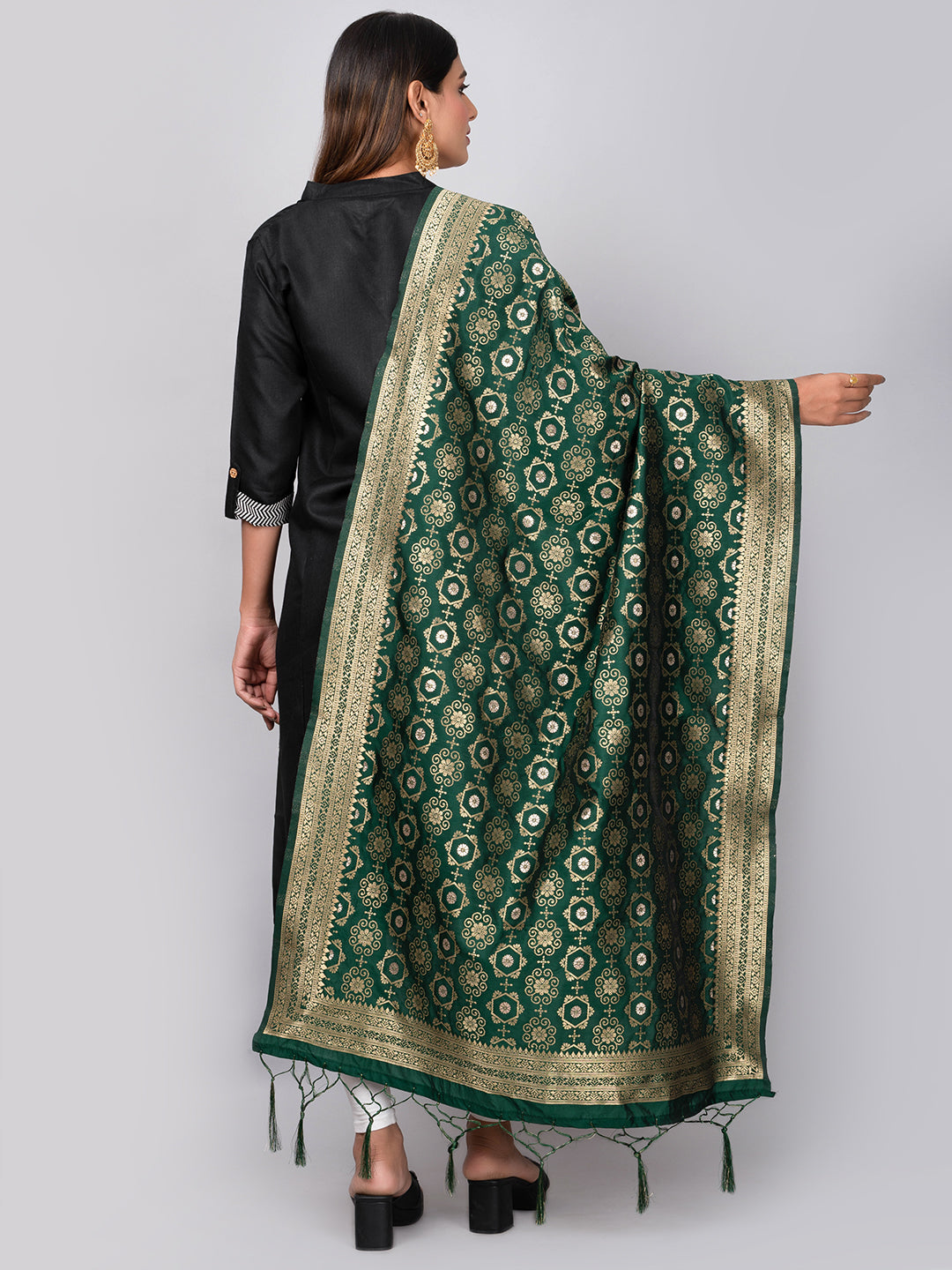 Rich Banarasi jacquard dupatta with intricate woven patterns and traditional motifs, showcasing a luxurious texture—perfect for festive occasions and ethnic wear.