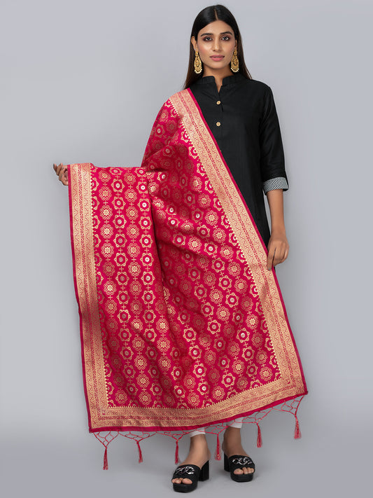 Rich Banarasi jacquard dupatta with intricate woven patterns and traditional motifs, showcasing a luxurious texture—perfect for festive occasions and ethnic wear.