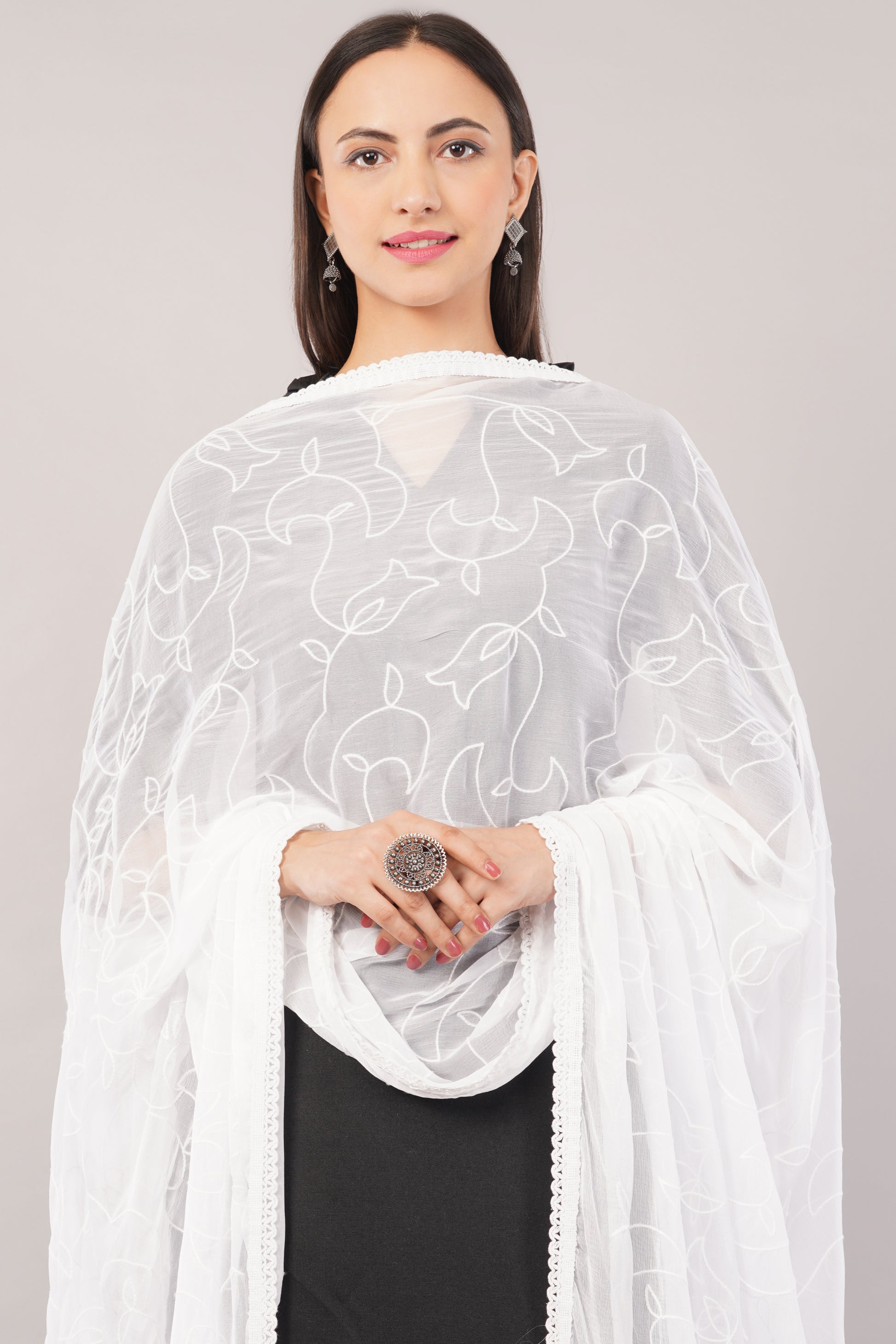 “Nazneen Chiffon Embroidered Dyeable Dupatta (ND10) with delicate embroidery – lightweight, breathable, and perfect for custom dyeing and everyday ethnic wear by Negchaar”