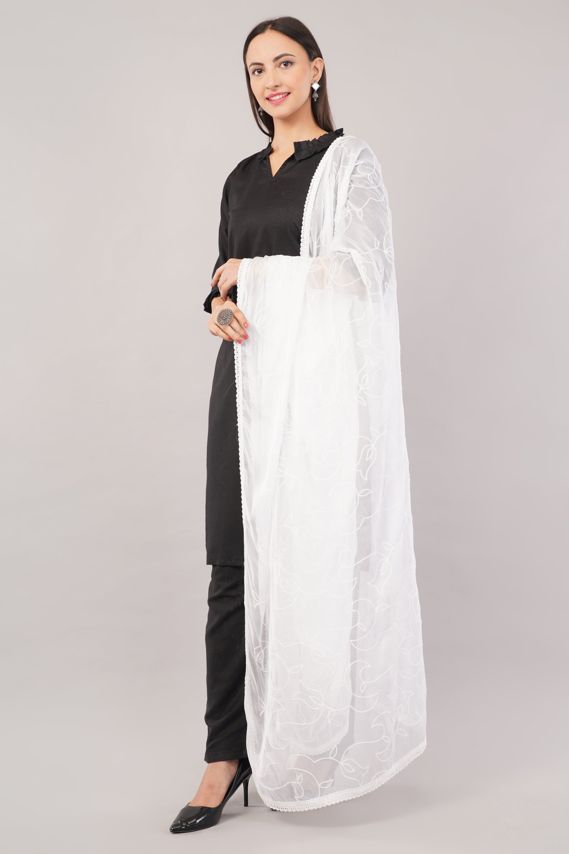 “Nazneen Chiffon Embroidered Dyeable Dupatta (ND10) with delicate embroidery – lightweight, breathable, and perfect for custom dyeing and everyday ethnic wear by Negchaar”