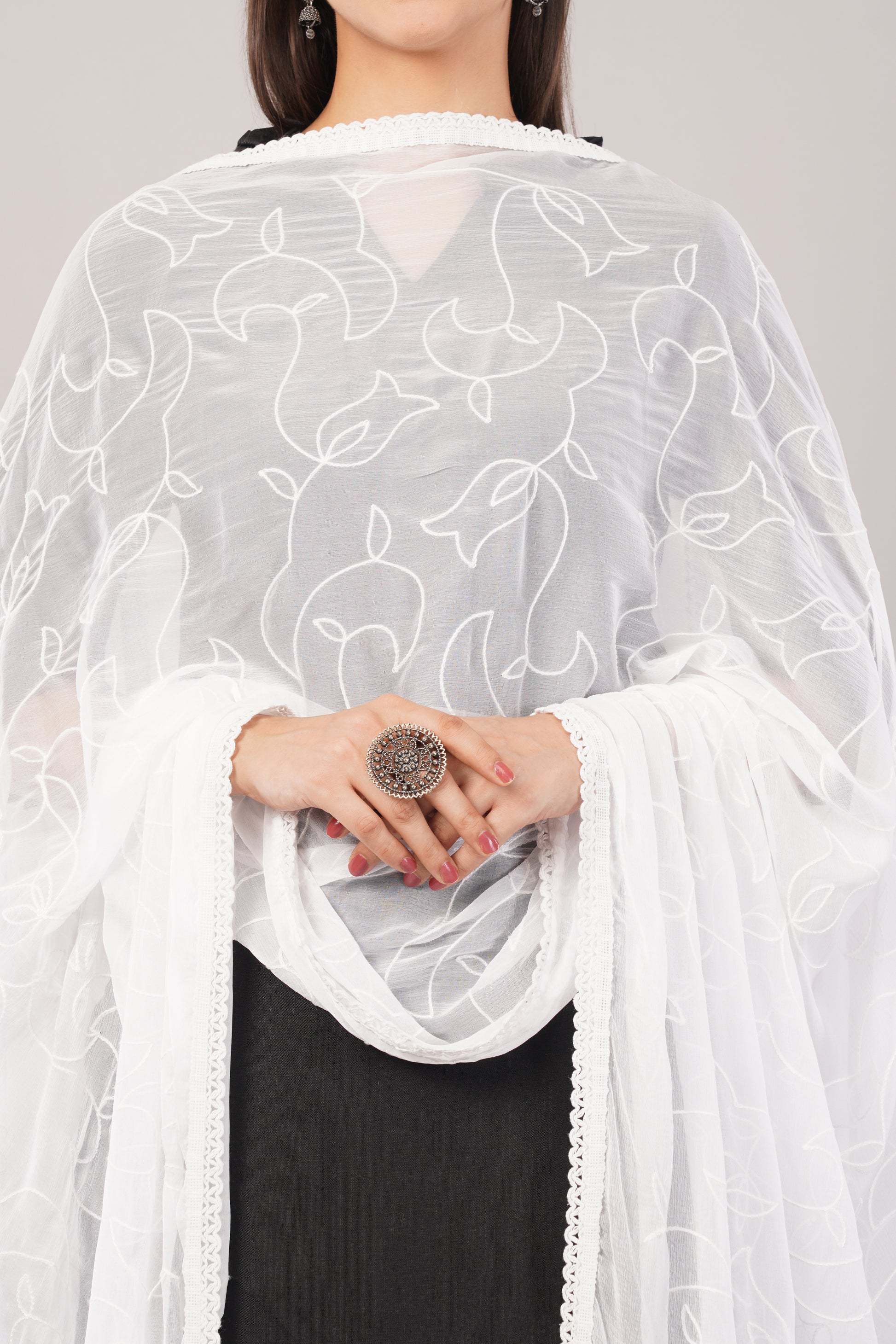 “Nazneen Chiffon Embroidered Dyeable Dupatta (ND10) with delicate embroidery – lightweight, breathable, and perfect for custom dyeing and everyday ethnic wear by Negchaar”