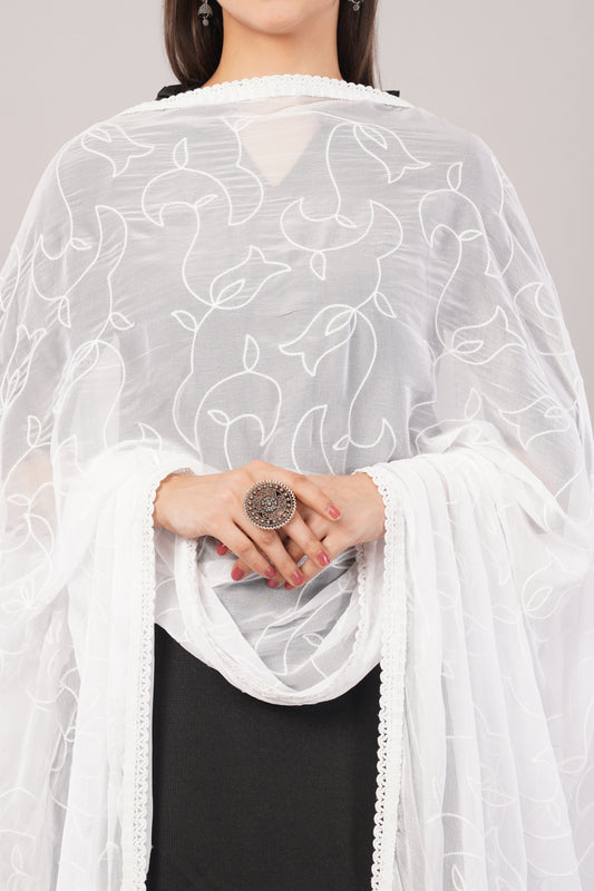 “Nazneen Chiffon Embroidered Dyeable Dupatta (ND10) with delicate embroidery – lightweight, breathable, and perfect for custom dyeing and everyday ethnic wear by Negchaar”