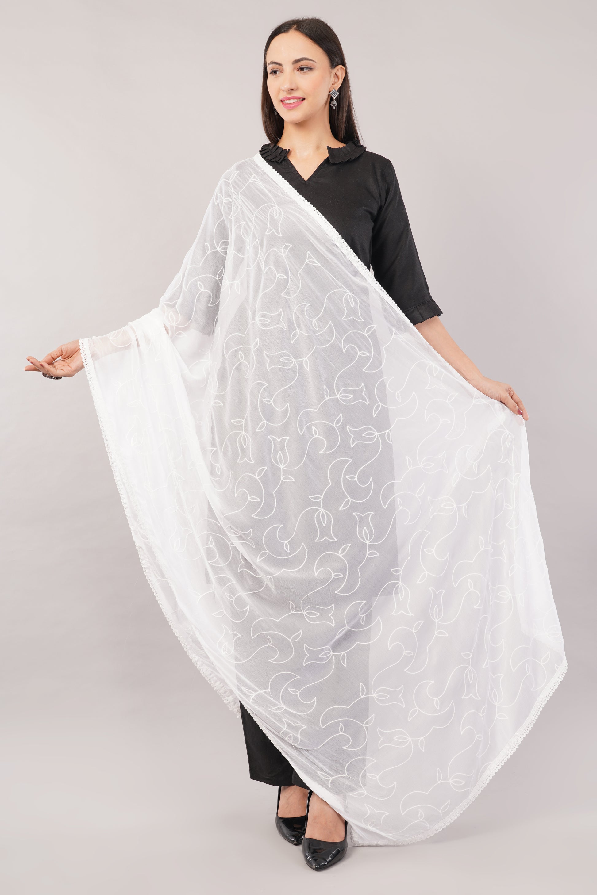 “Nazneen Chiffon Embroidered Dyeable Dupatta (ND10) with delicate embroidery – lightweight, breathable, and perfect for custom dyeing and everyday ethnic wear by Negchaar”