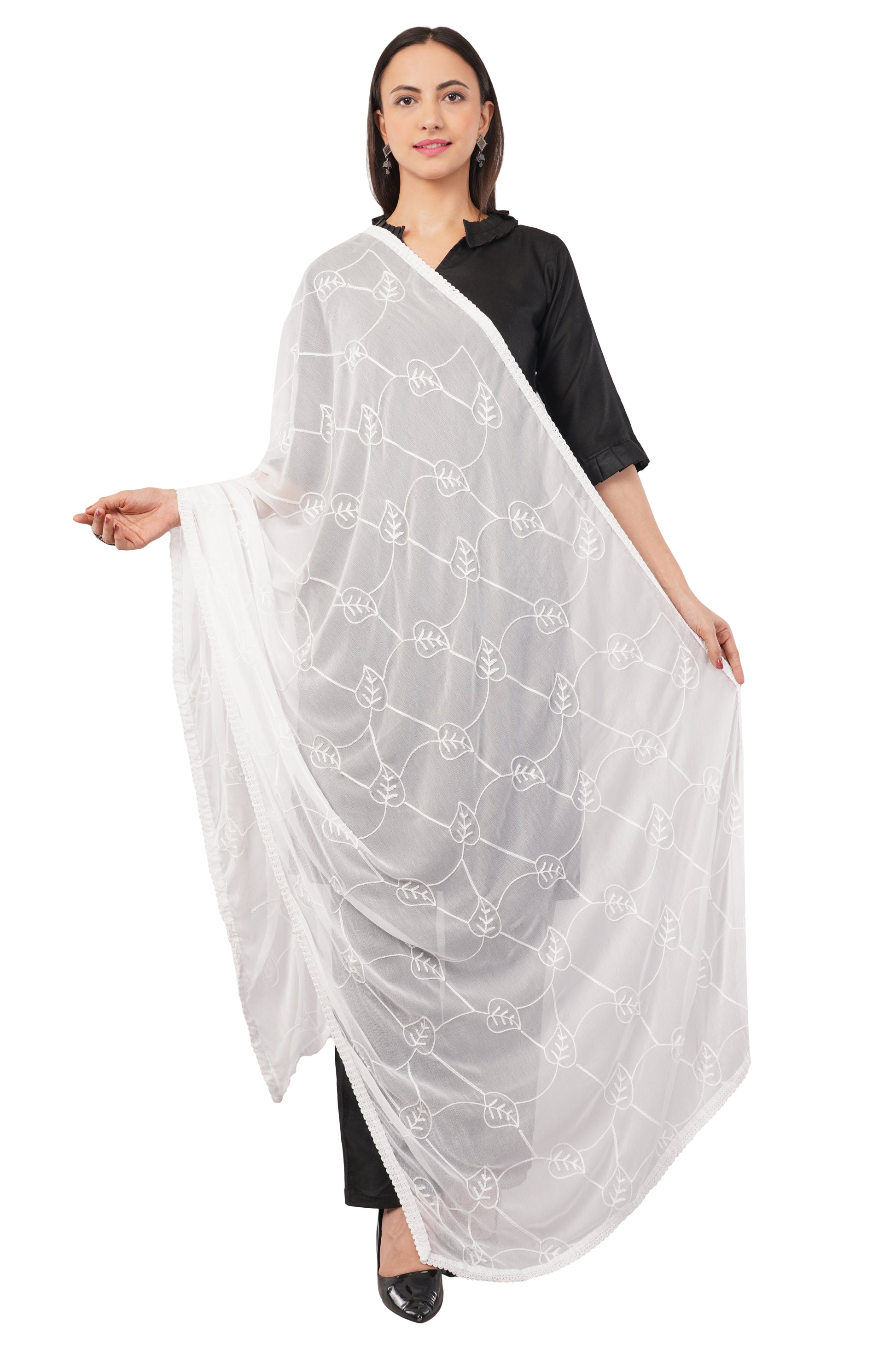 “Nazneen Chiffon Embroidered Dyeable Dupatta (ND12) with delicate embroidery – lightweight, breathable, and perfect for custom dyeing and everyday ethnic wear by Negchaar”