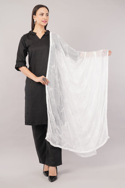 “Nazneen Chiffon Embroidered Dyeable Dupatta (ND12) with delicate embroidery – lightweight, breathable, and perfect for custom dyeing and everyday ethnic wear by Negchaar”