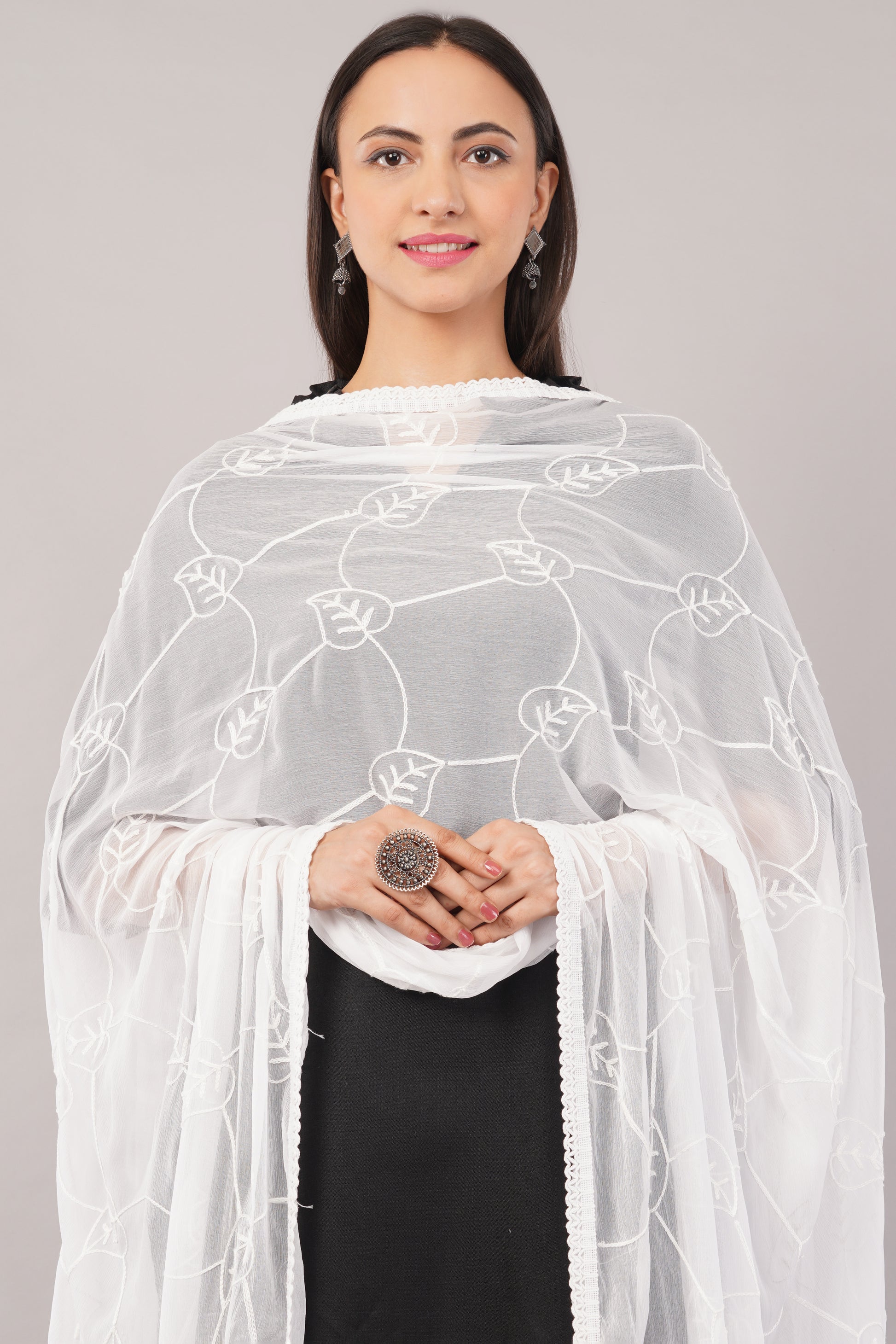“Nazneen Chiffon Embroidered Dyeable Dupatta (ND12) with delicate embroidery – lightweight, breathable, and perfect for custom dyeing and everyday ethnic wear by Negchaar”
