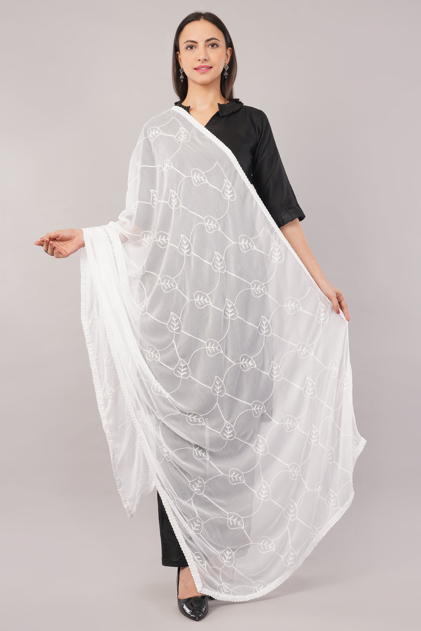 “Nazneen Chiffon Embroidered Dyeable Dupatta (ND12) with delicate embroidery – lightweight, breathable, and perfect for custom dyeing and everyday ethnic wear by Negchaar”