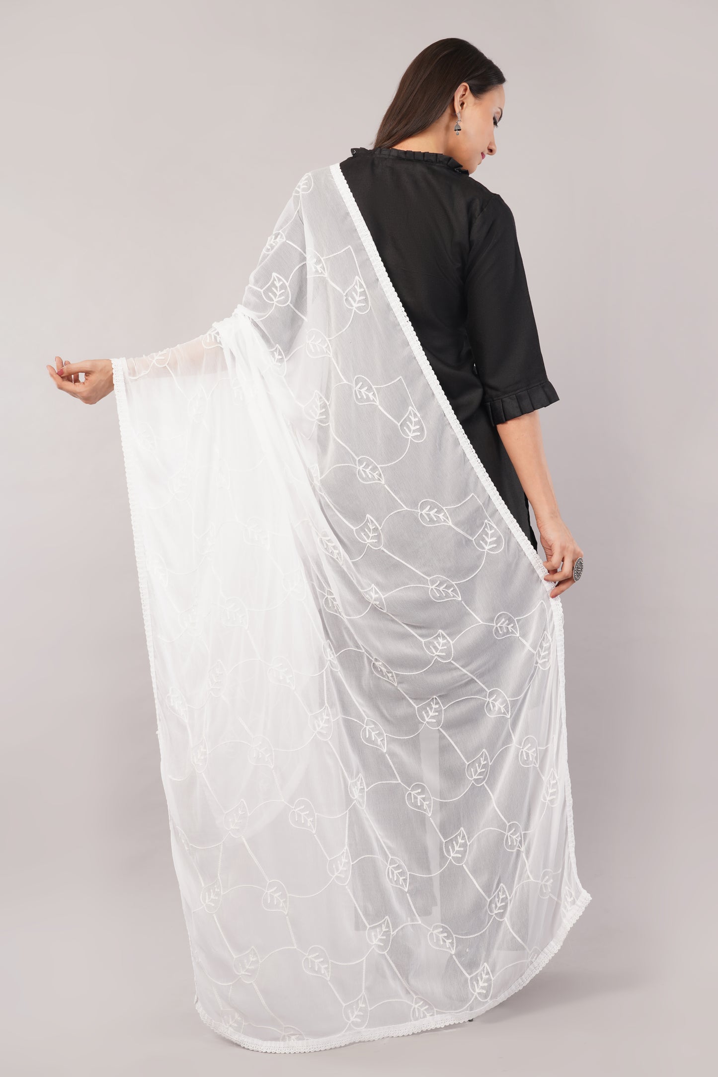 “Nazneen Chiffon Embroidered Dyeable Dupatta (ND12) with delicate embroidery – lightweight, breathable, and perfect for custom dyeing and everyday ethnic wear by Negchaar”
