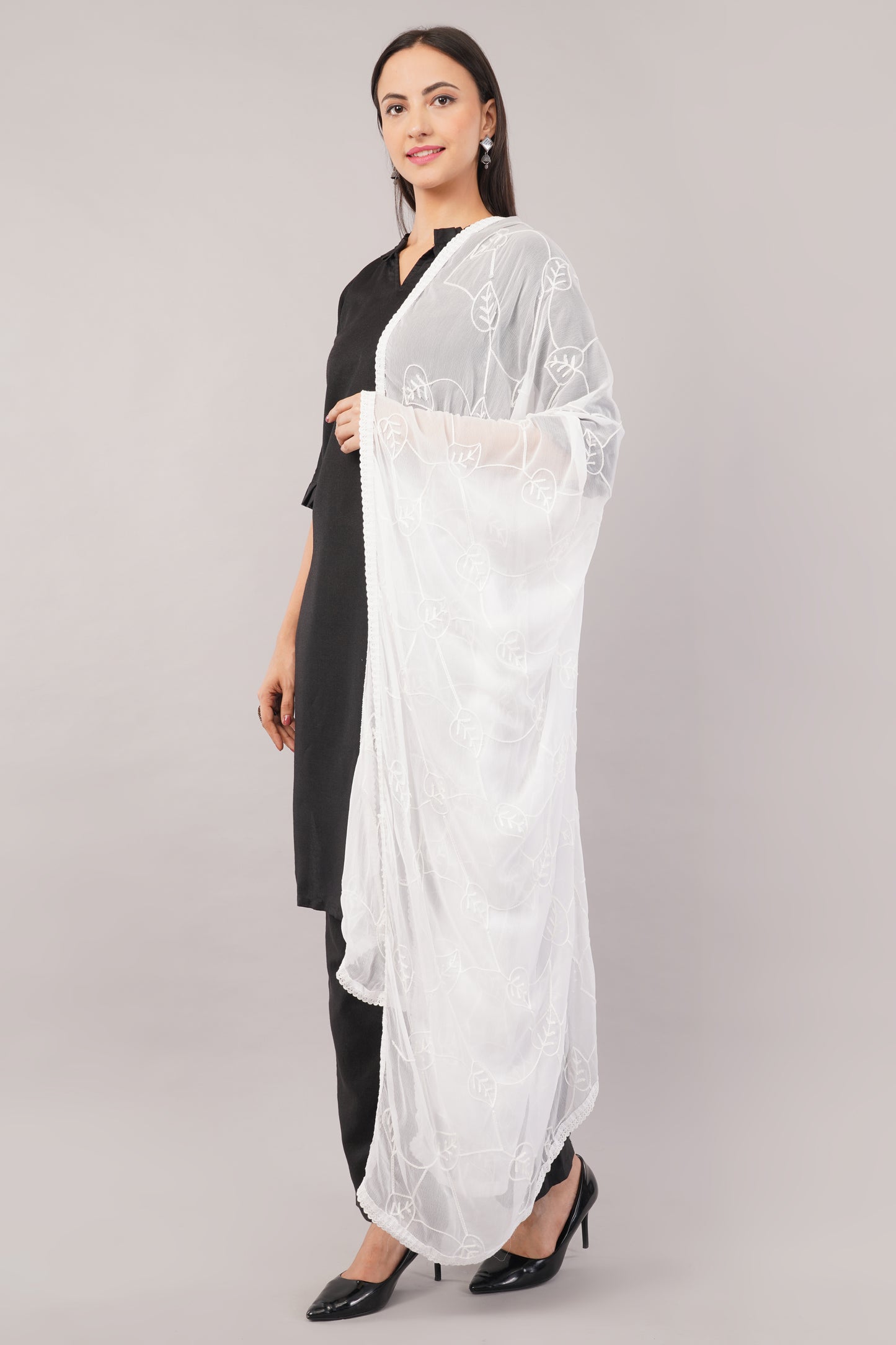 “Nazneen Chiffon Embroidered Dyeable Dupatta (ND12) with delicate embroidery – lightweight, breathable, and perfect for custom dyeing and everyday ethnic wear by Negchaar”