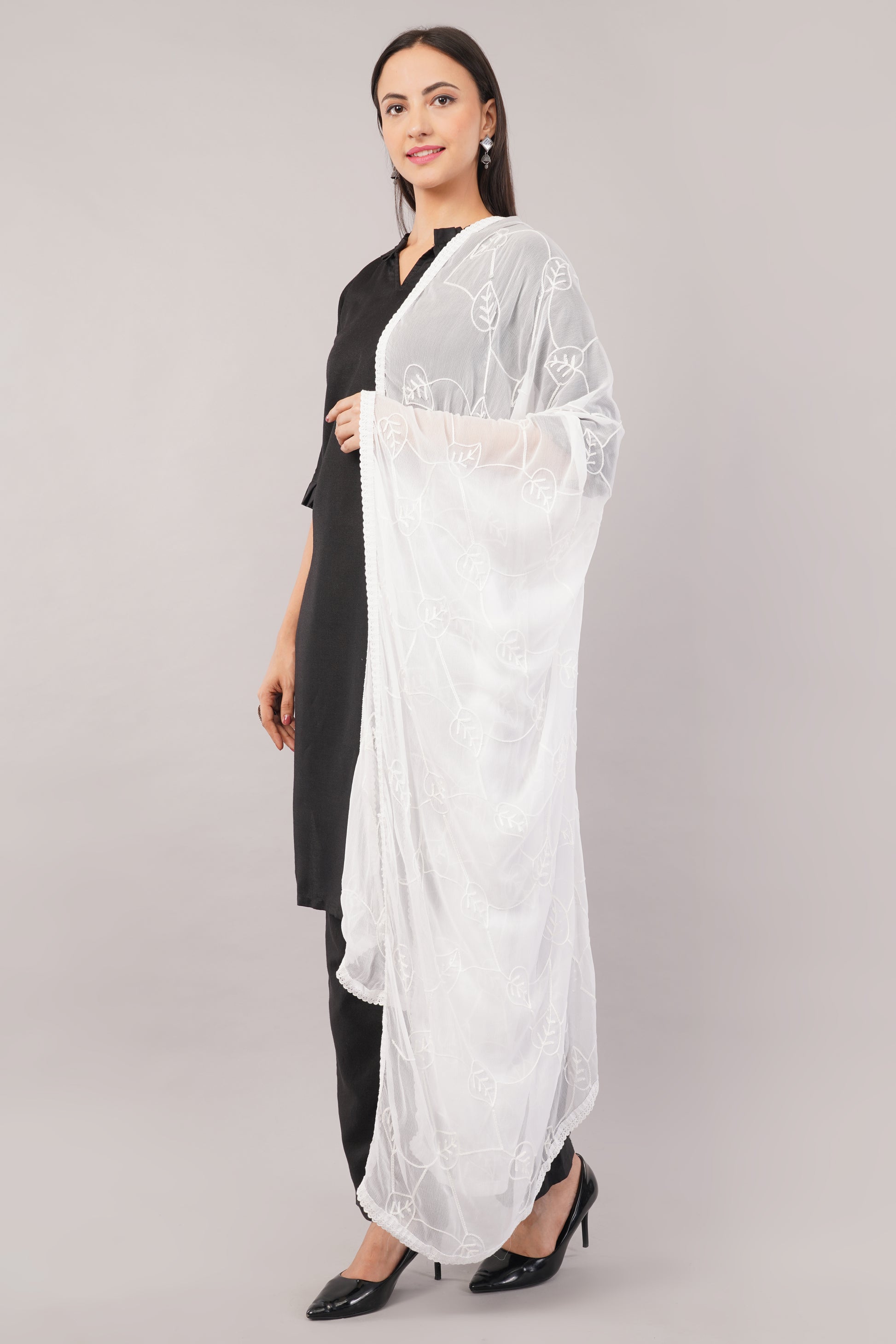 “Nazneen Chiffon Embroidered Dyeable Dupatta (ND12) with delicate embroidery – lightweight, breathable, and perfect for custom dyeing and everyday ethnic wear by Negchaar”