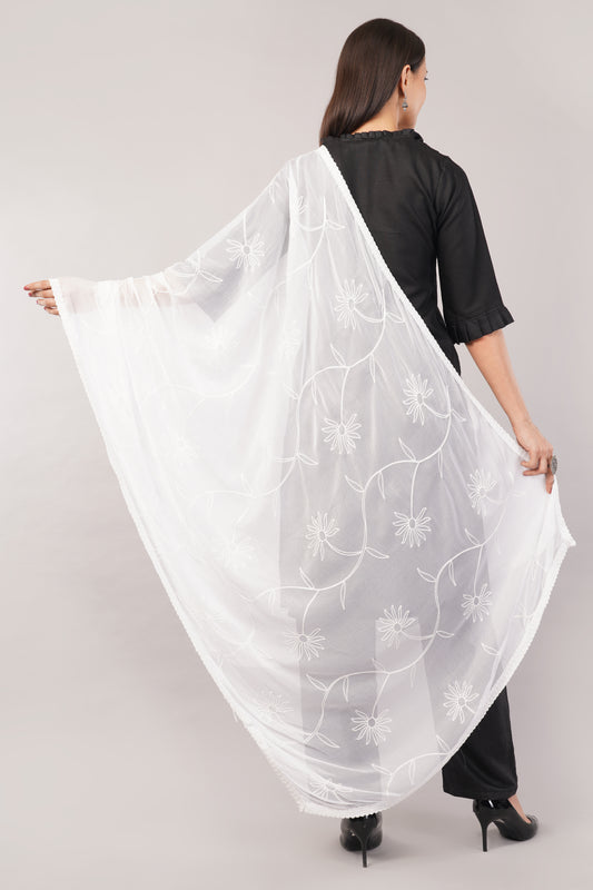 “Nazneen Chiffon Embroidered Dyeable Dupatta (ND14) with delicate embroidery – lightweight, breathable, and perfect for custom dyeing and everyday ethnic wear by Negchaar”