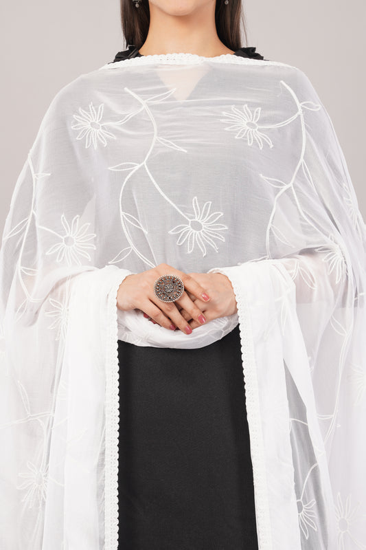 “Nazneen Chiffon Embroidered Dyeable Dupatta (ND14) with delicate embroidery – lightweight, breathable, and perfect for custom dyeing and everyday ethnic wear by Negchaar”