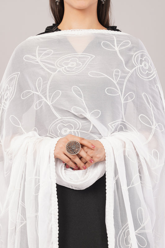 “Nazneen Chiffon Embroidered Dyeable Dupatta (ND2) with delicate embroidery – lightweight, breathable, and perfect for custom dyeing and everyday ethnic wear by Negchaar”