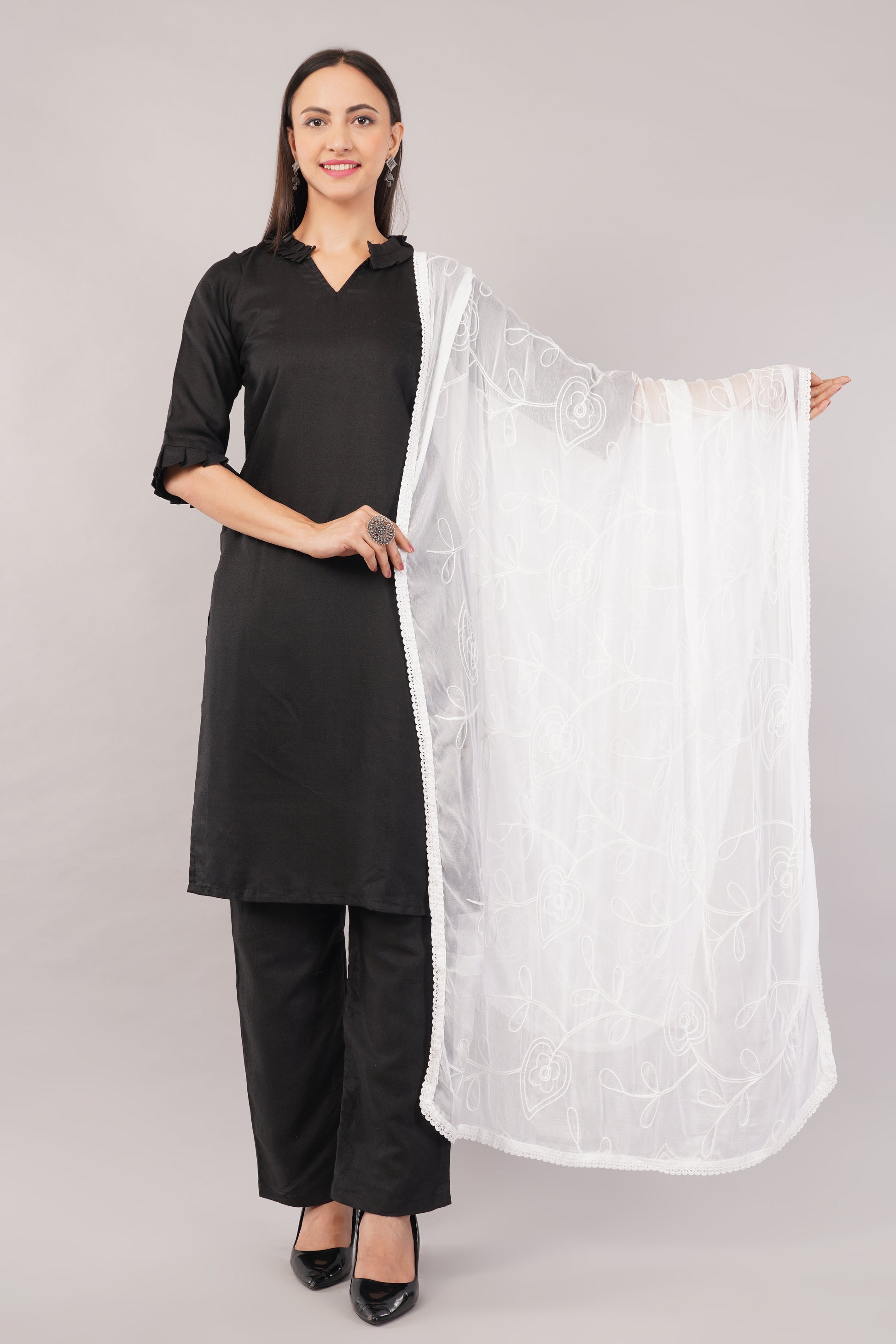“Nazneen Chiffon Embroidered Dyeable Dupatta (ND2) with delicate embroidery – lightweight, breathable, and perfect for custom dyeing and everyday ethnic wear by Negchaar”