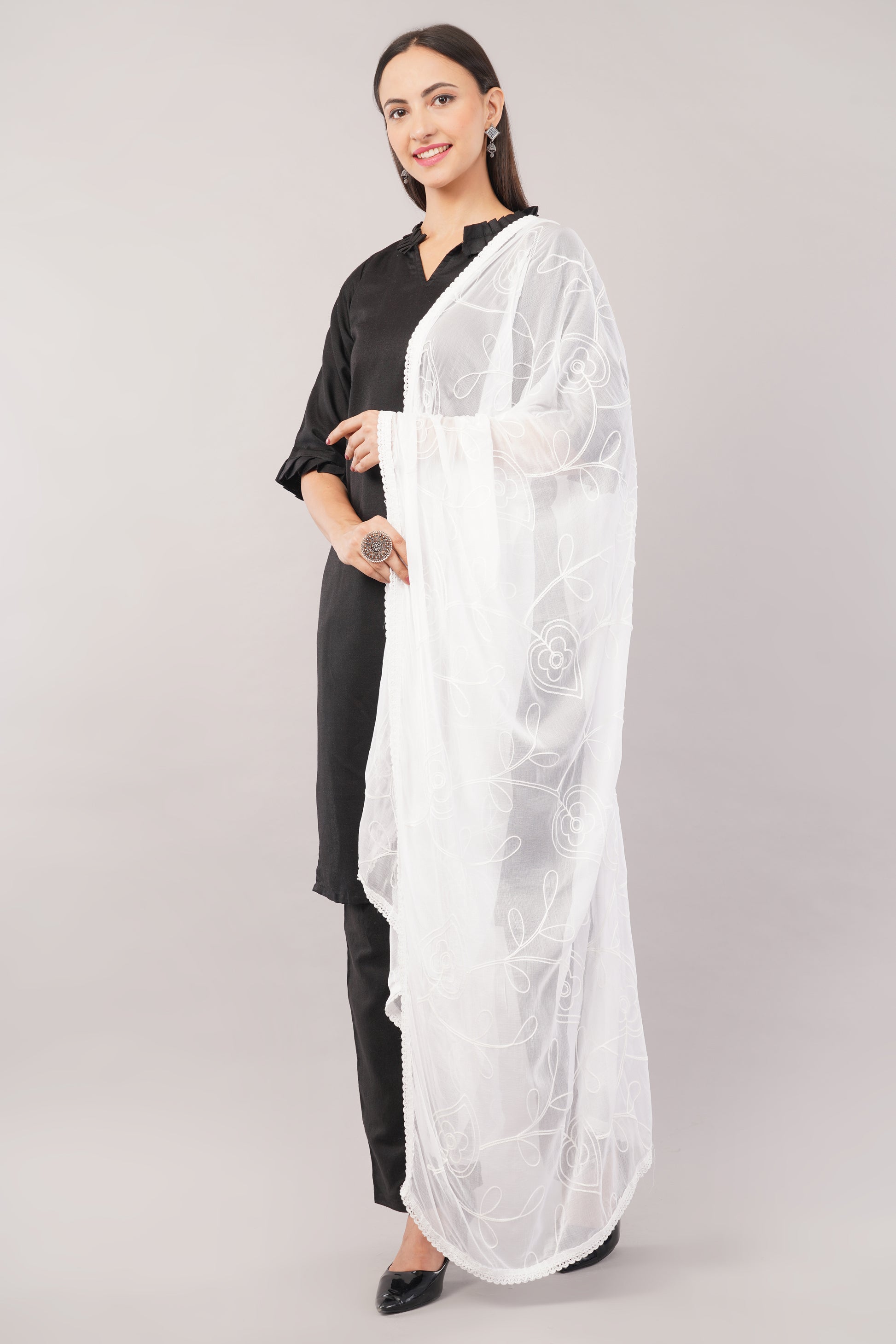 “Nazneen Chiffon Embroidered Dyeable Dupatta (ND2) with delicate embroidery – lightweight, breathable, and perfect for custom dyeing and everyday ethnic wear by Negchaar”
