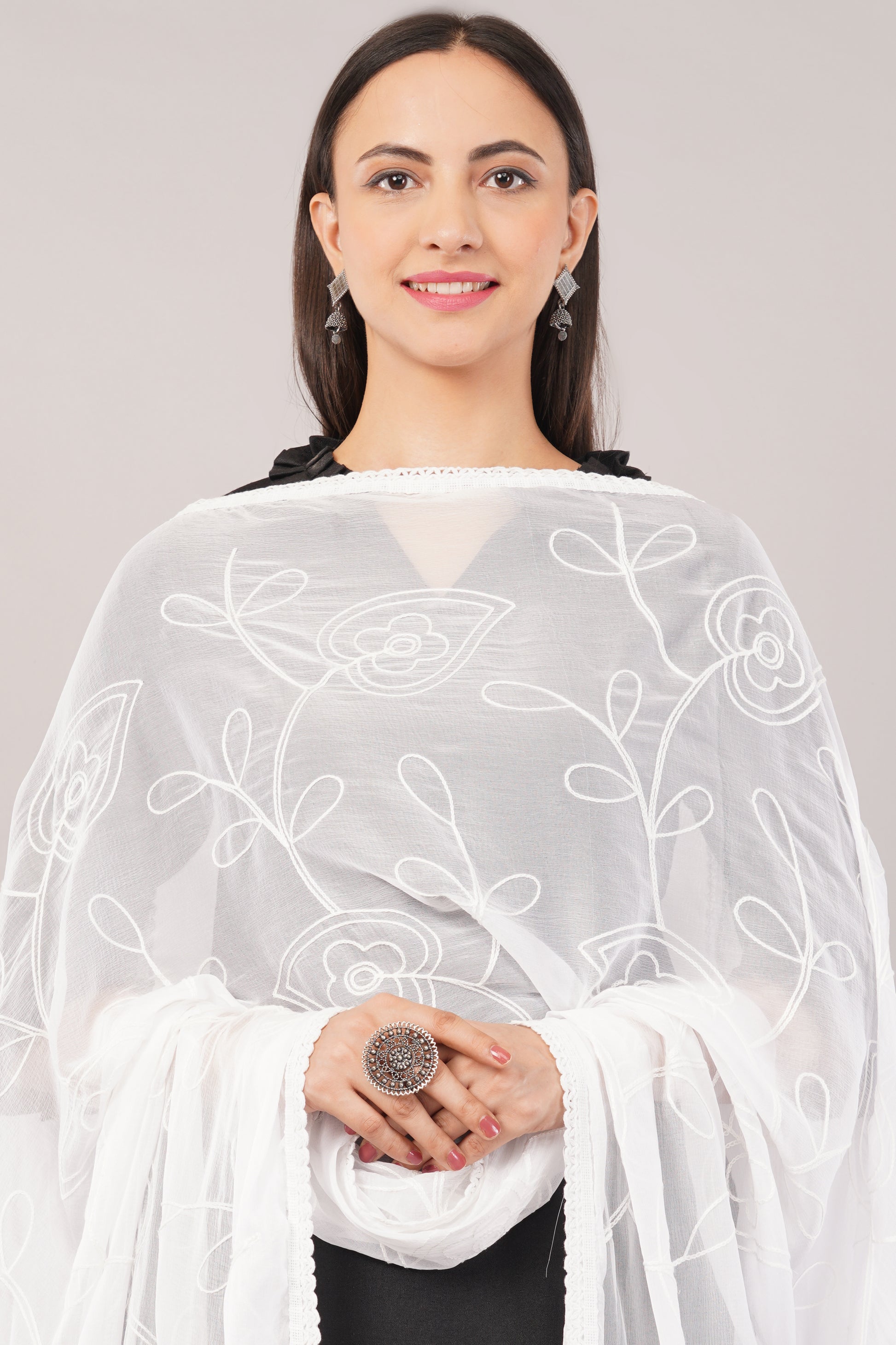 “Nazneen Chiffon Embroidered Dyeable Dupatta (ND2) with delicate embroidery – lightweight, breathable, and perfect for custom dyeing and everyday ethnic wear by Negchaar”