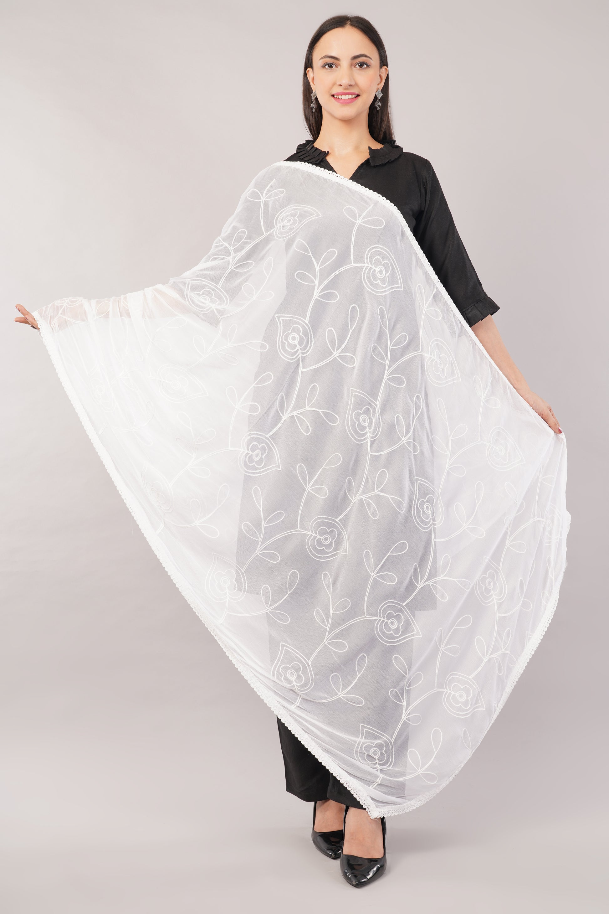 “Nazneen Chiffon Embroidered Dyeable Dupatta (ND2) with delicate embroidery – lightweight, breathable, and perfect for custom dyeing and everyday ethnic wear by Negchaar”