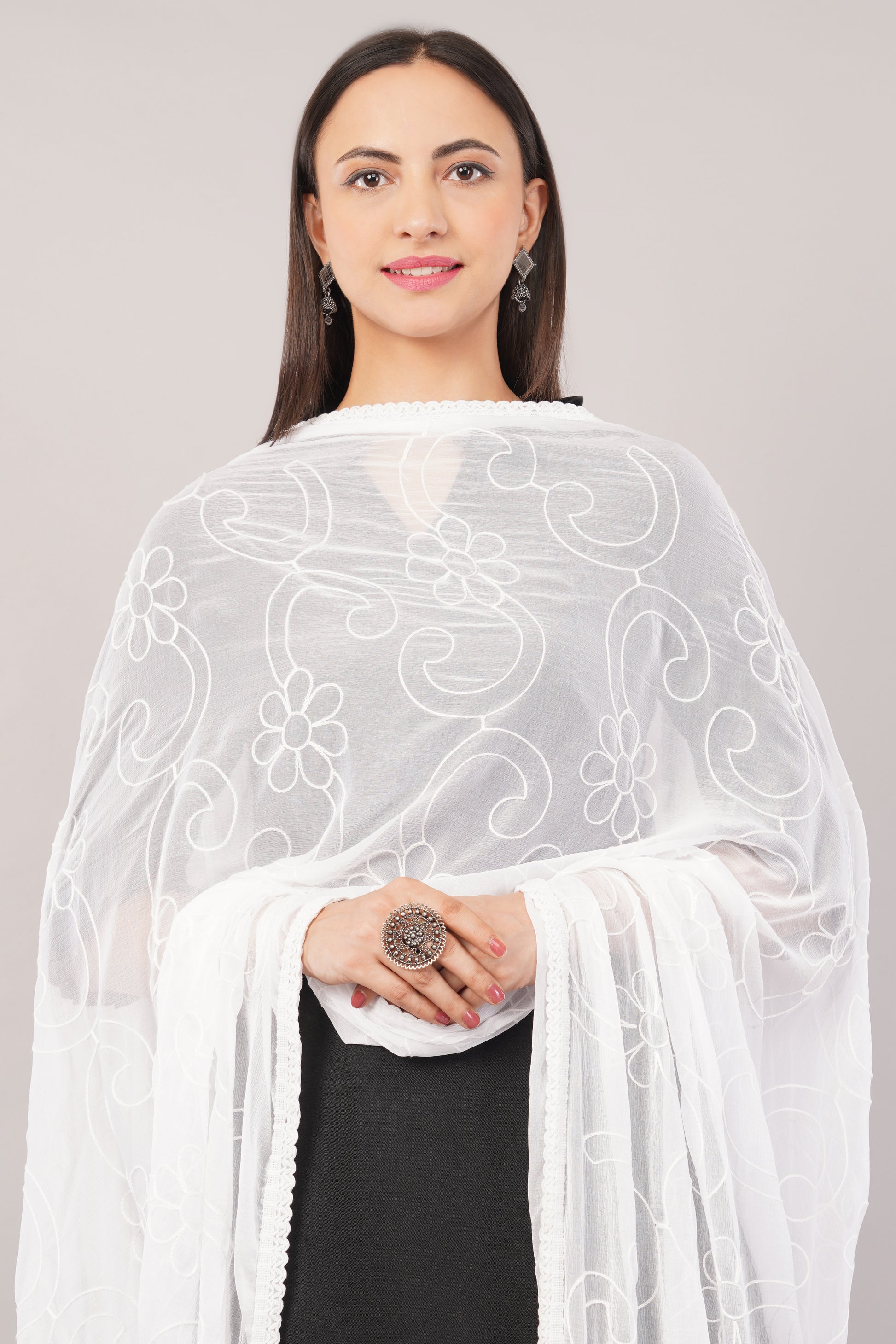 “Nazneen Chiffon Embroidered Dyeable Dupatta (ND4) with delicate embroidery – lightweight, breathable, and perfect for custom dyeing and everyday ethnic wear by Negchaar”