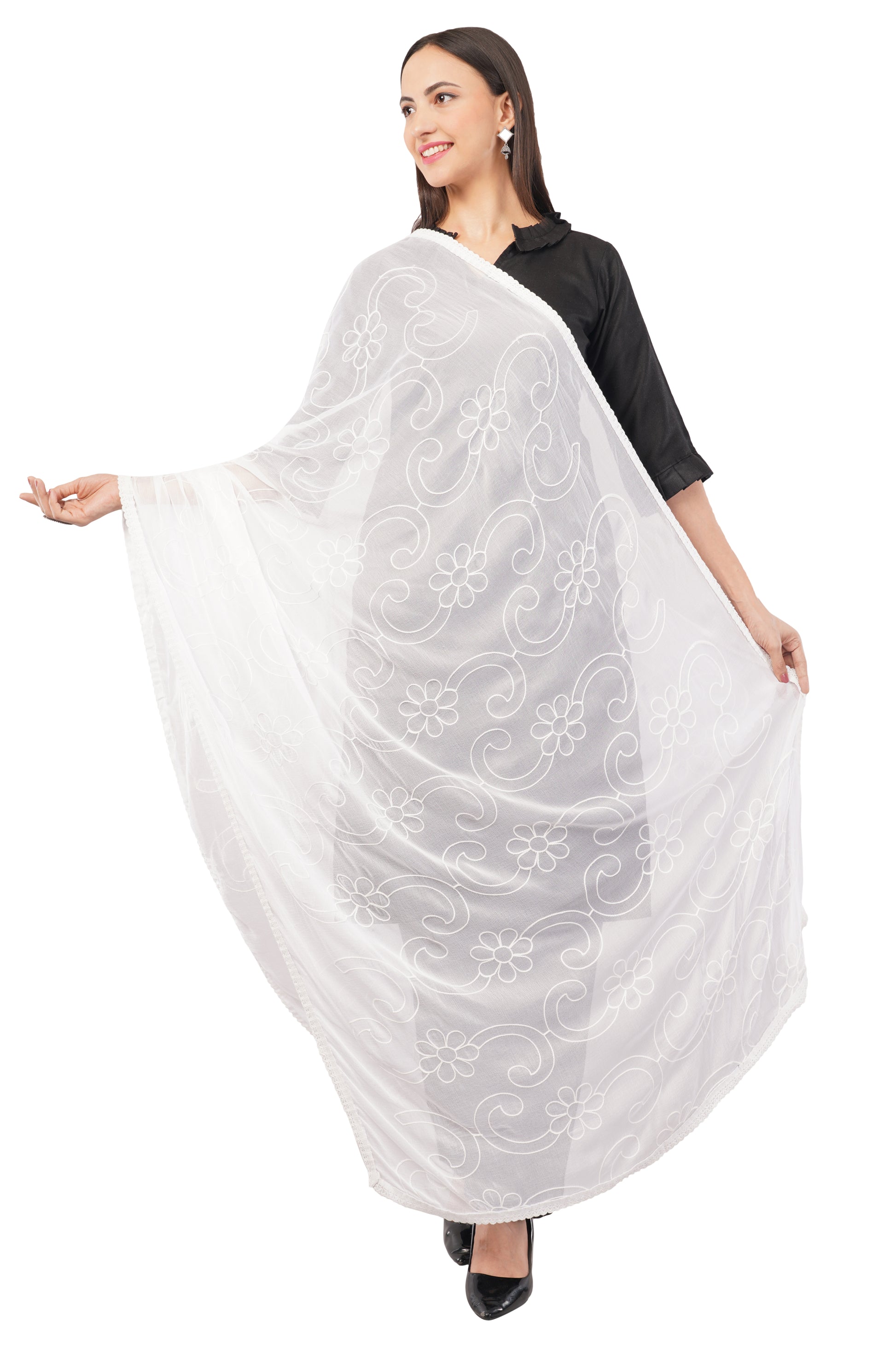 “Nazneen Chiffon Embroidered Dyeable Dupatta (ND4) with delicate embroidery – lightweight, breathable, and perfect for custom dyeing and everyday ethnic wear by Negchaar”