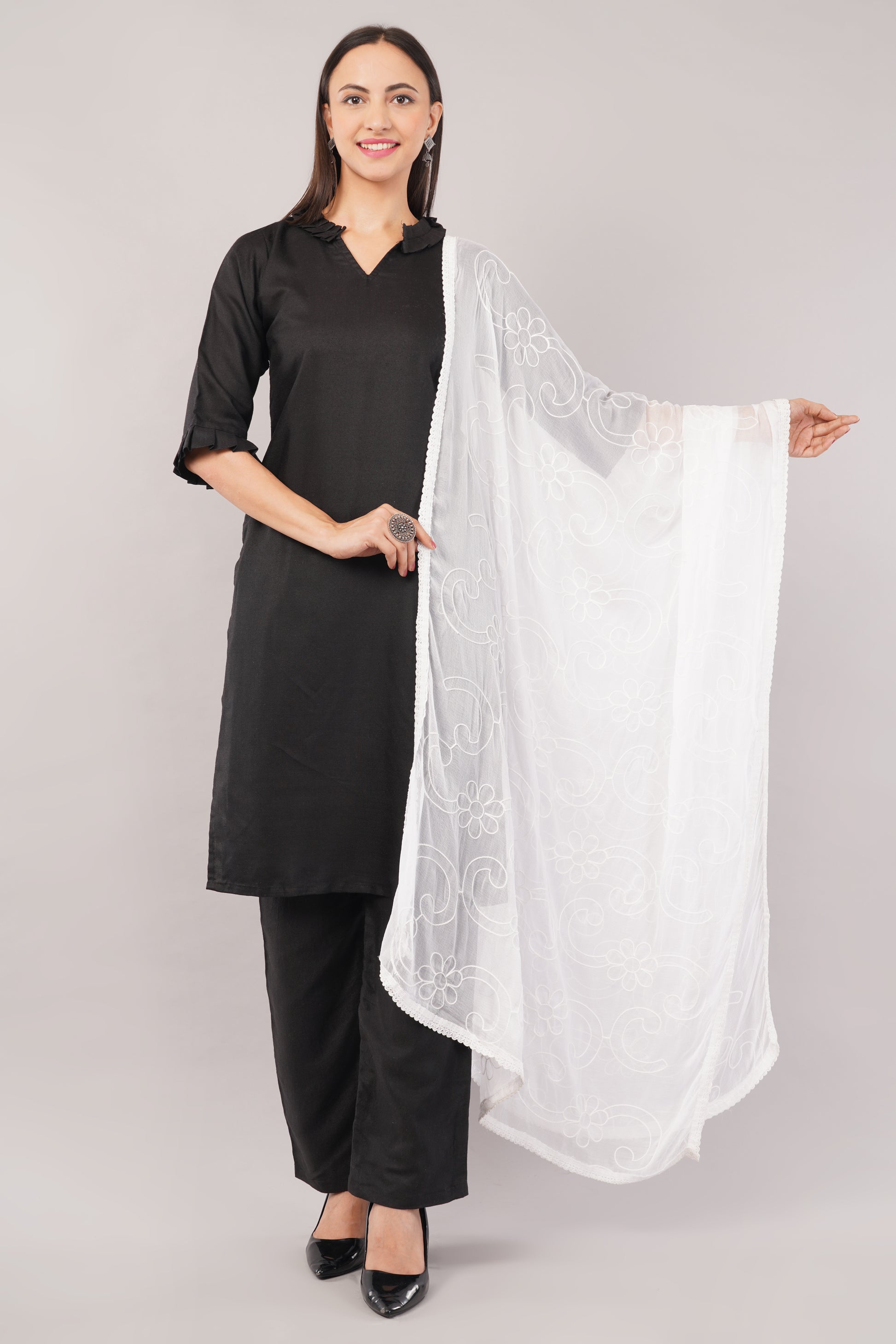 “Nazneen Chiffon Embroidered Dyeable Dupatta (ND4) with delicate embroidery – lightweight, breathable, and perfect for custom dyeing and everyday ethnic wear by Negchaar”