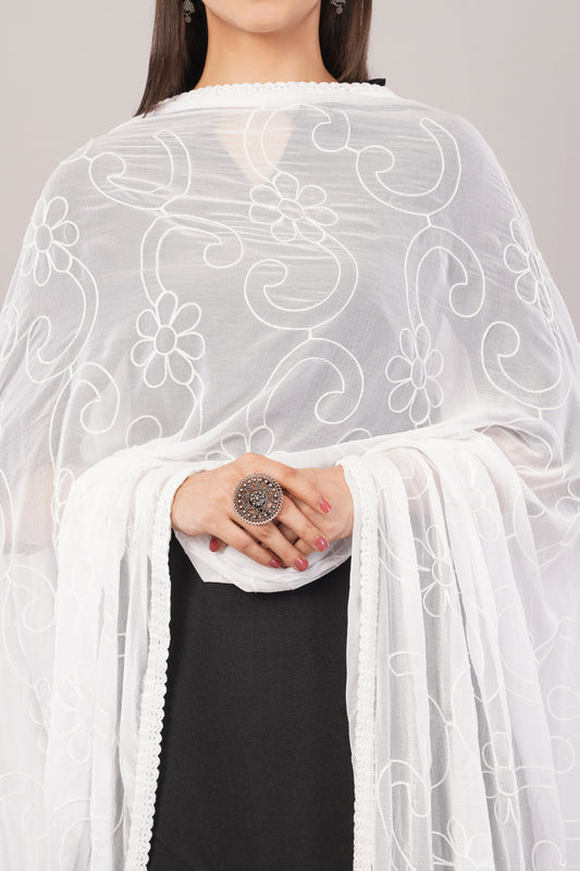 “Nazneen Chiffon Embroidered Dyeable Dupatta (ND4) with delicate embroidery – lightweight, breathable, and perfect for custom dyeing and everyday ethnic wear by Negchaar”