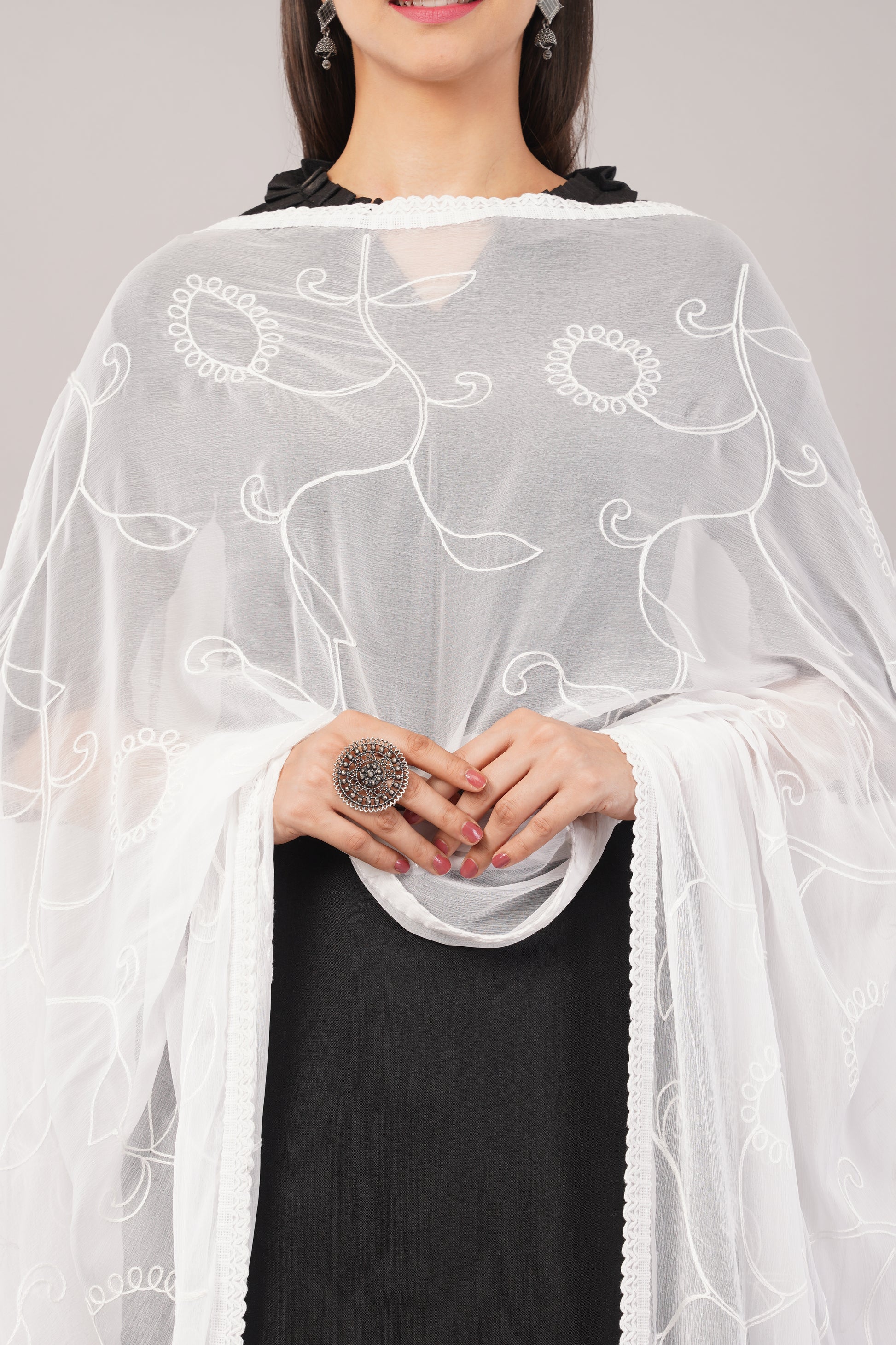 “Nazneen Chiffon Embroidered Dyeable Dupatta (ND5) with delicate embroidery – lightweight, breathable, and perfect for custom dyeing and everyday ethnic wear by Negchaar”