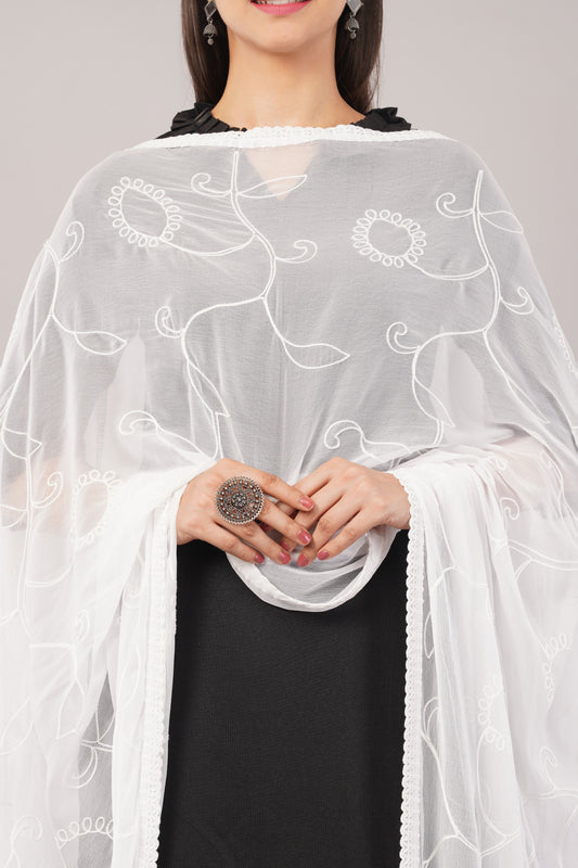 “Nazneen Chiffon Embroidered Dyeable Dupatta (ND5) with delicate embroidery – lightweight, breathable, and perfect for custom dyeing and everyday ethnic wear by Negchaar”