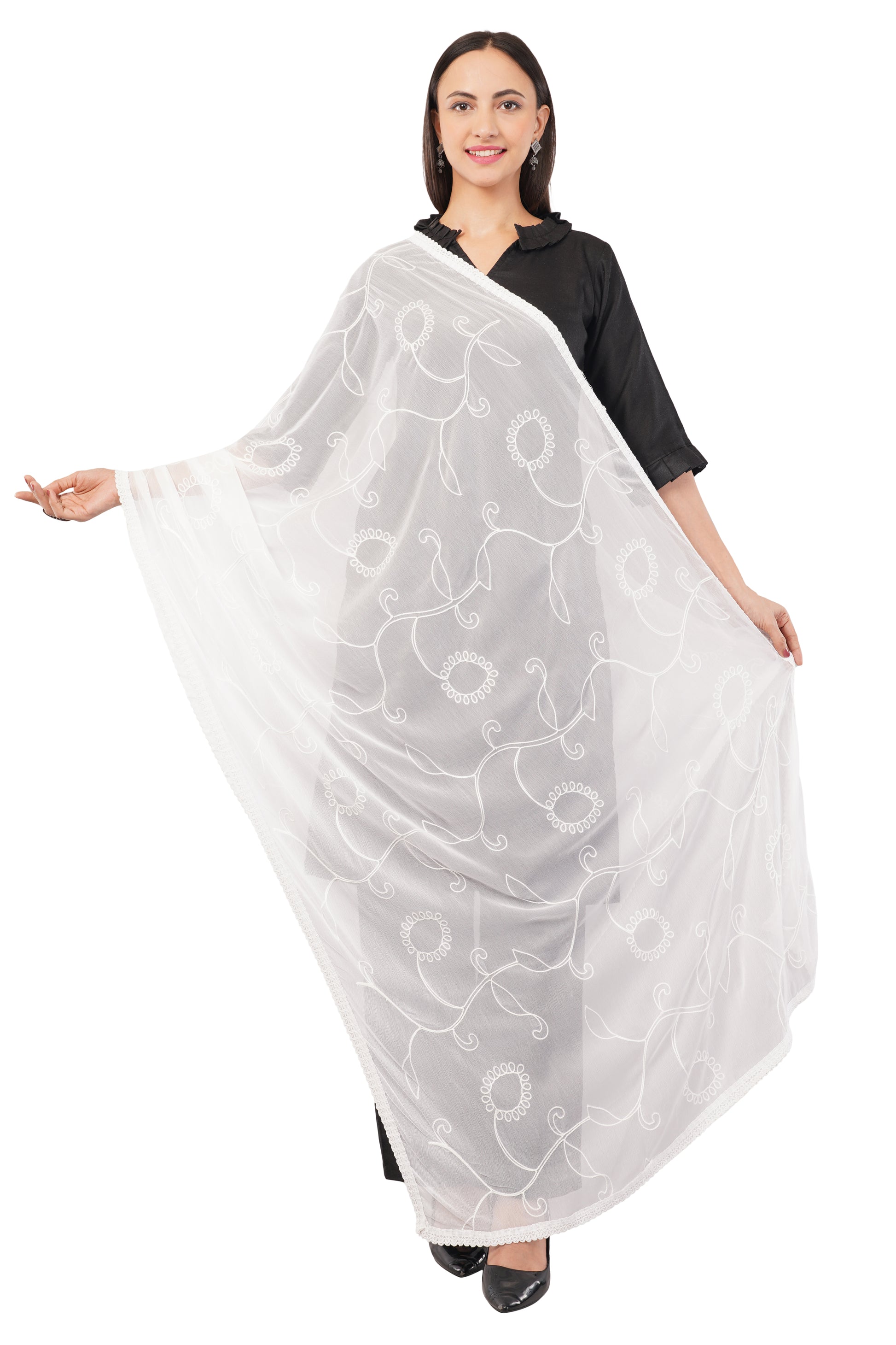 “Nazneen Chiffon Embroidered Dyeable Dupatta (ND5) with delicate embroidery – lightweight, breathable, and perfect for custom dyeing and everyday ethnic wear by Negchaar”