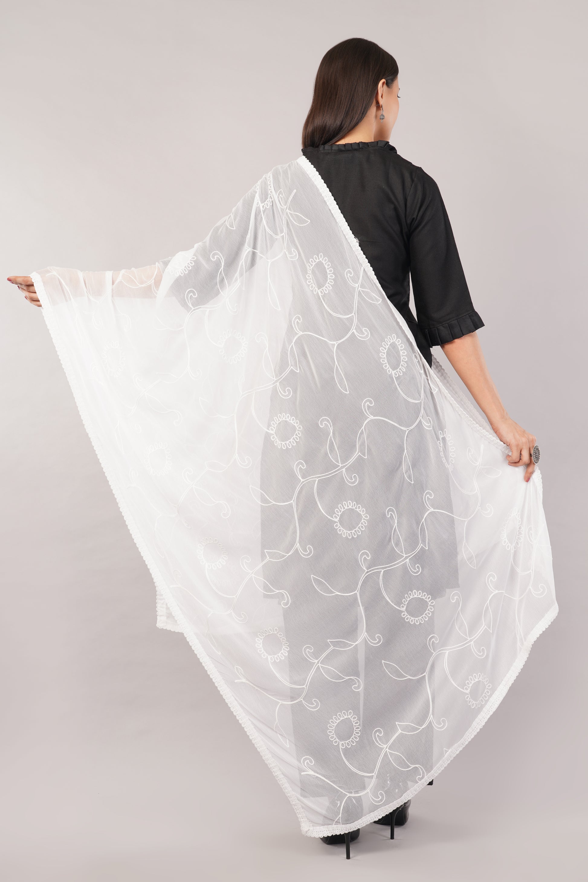 “Nazneen Chiffon Embroidered Dyeable Dupatta (ND5) with delicate embroidery – lightweight, breathable, and perfect for custom dyeing and everyday ethnic wear by Negchaar”