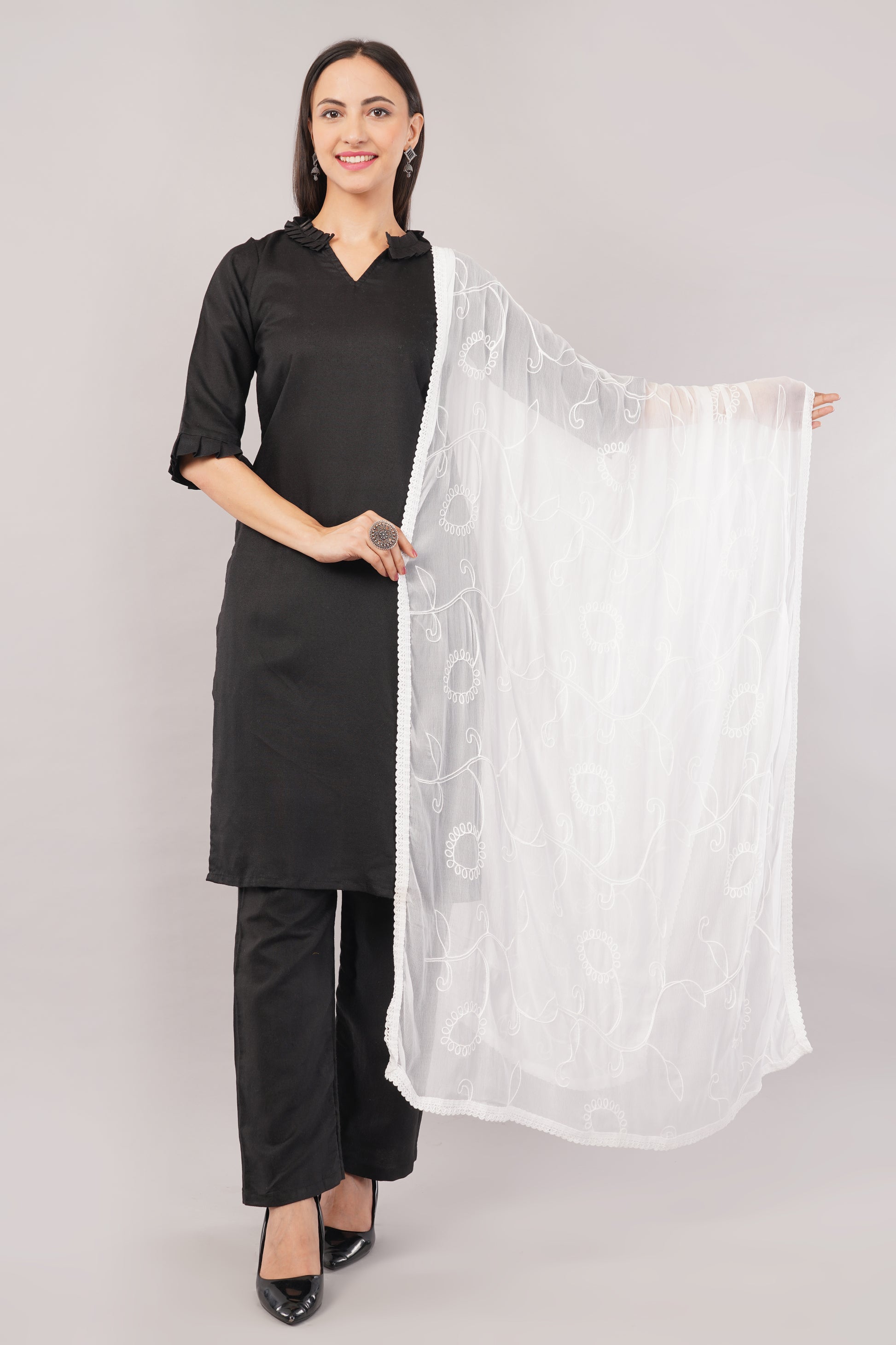 “Nazneen Chiffon Embroidered Dyeable Dupatta (ND5) with delicate embroidery – lightweight, breathable, and perfect for custom dyeing and everyday ethnic wear by Negchaar”