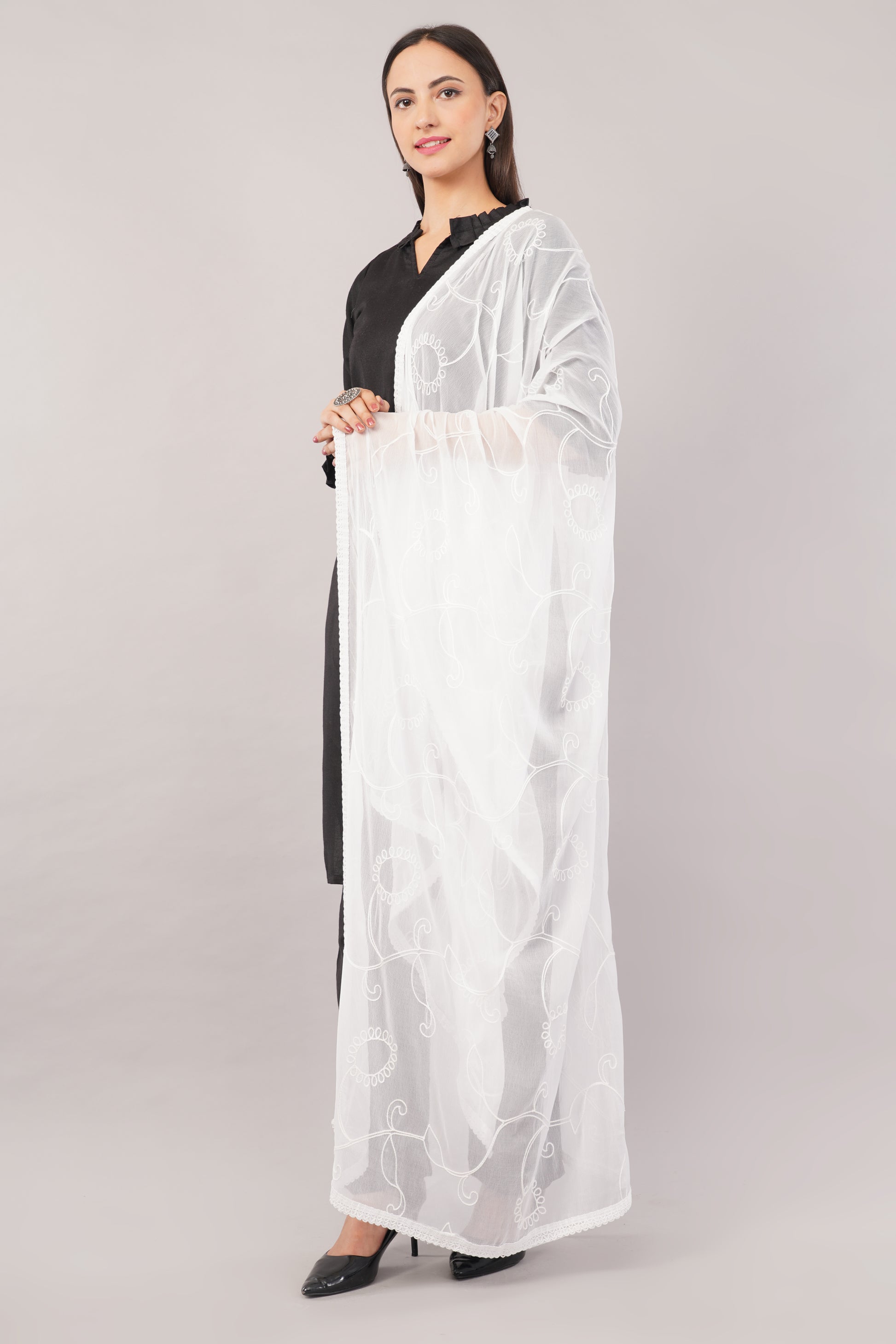 “Nazneen Chiffon Embroidered Dyeable Dupatta (ND5) with delicate embroidery – lightweight, breathable, and perfect for custom dyeing and everyday ethnic wear by Negchaar”