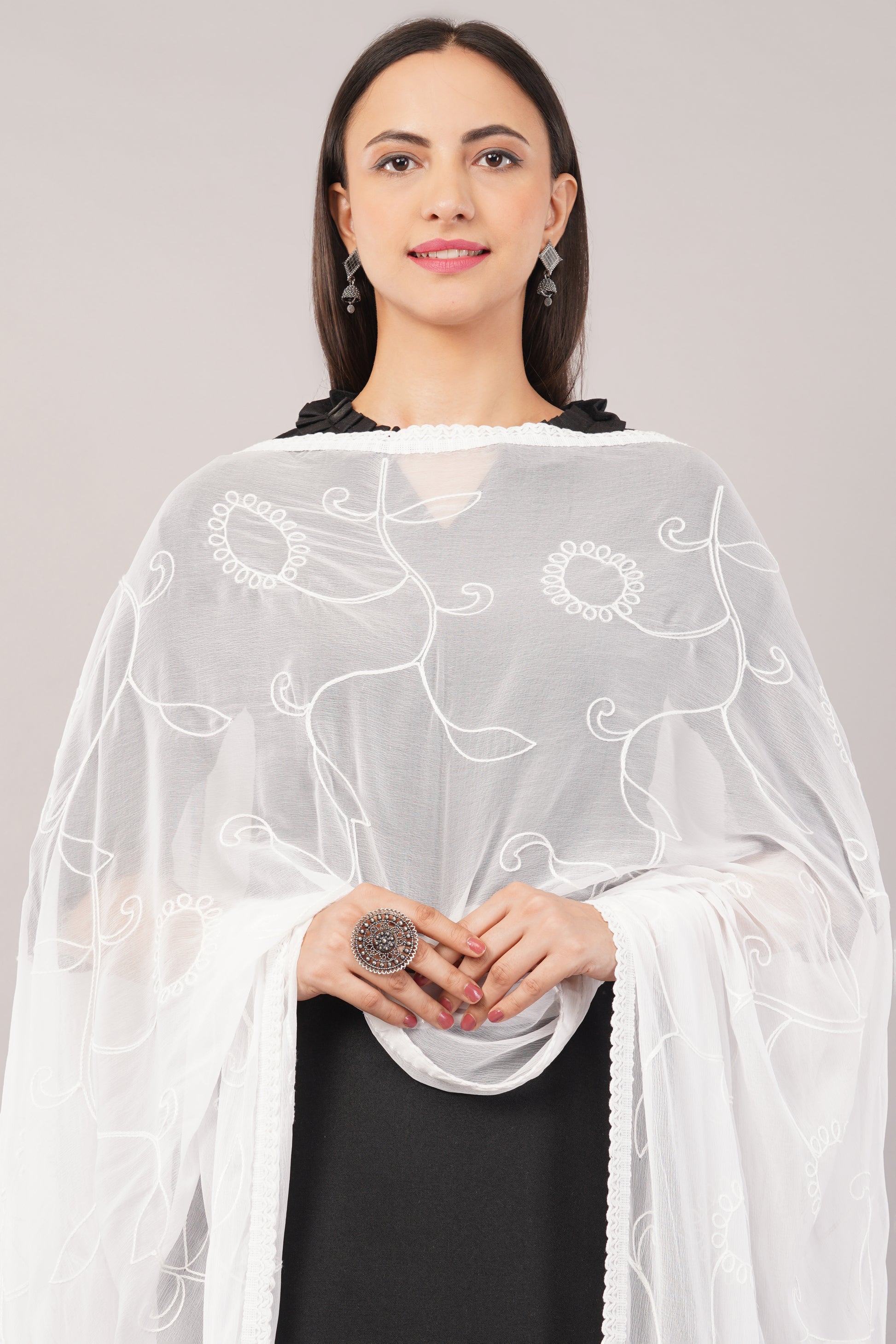 “Nazneen Chiffon Embroidered Dyeable Dupatta (ND5) with delicate embroidery – lightweight, breathable, and perfect for custom dyeing and everyday ethnic wear by Negchaar”