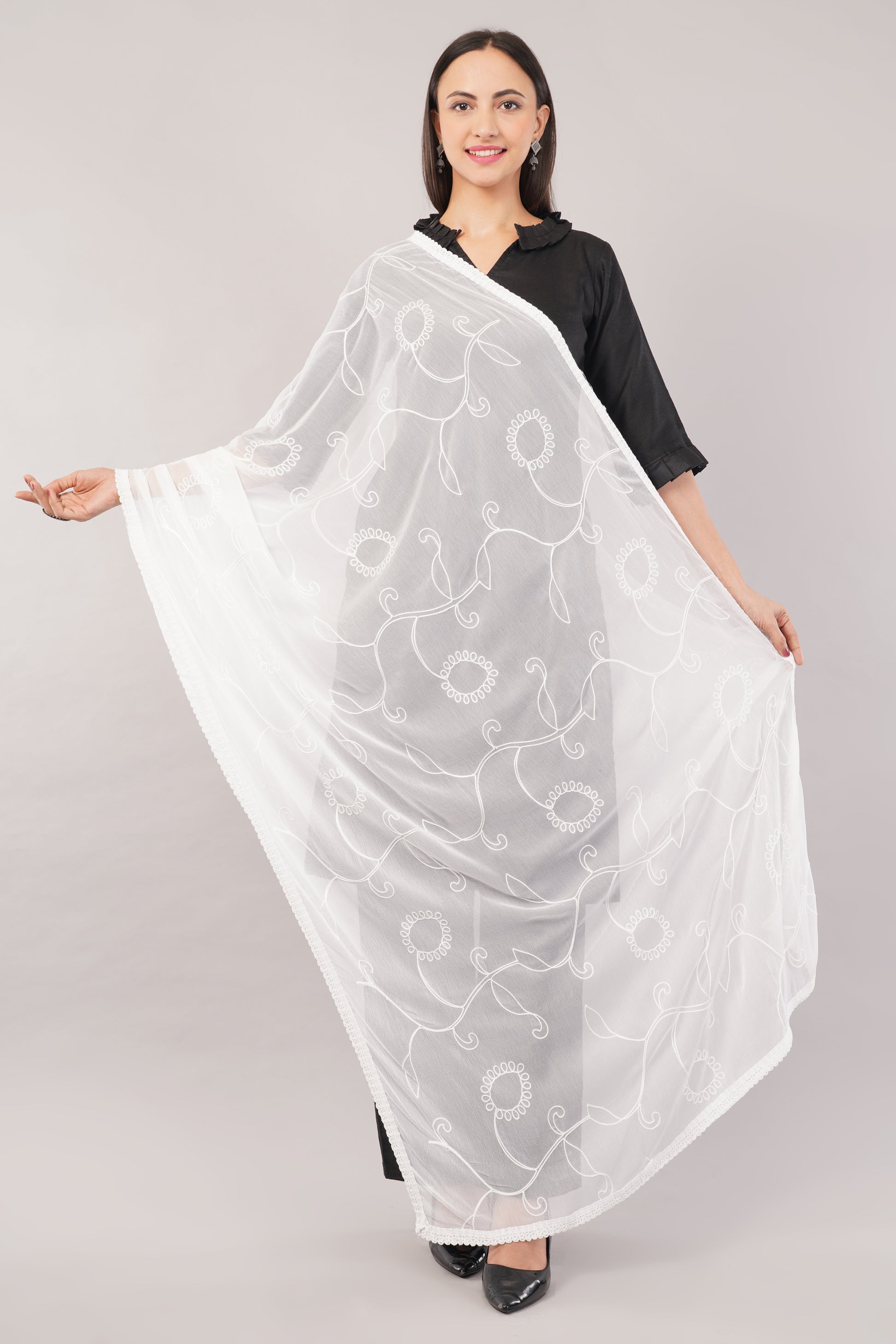 “Nazneen Chiffon Embroidered Dyeable Dupatta (ND5) with delicate embroidery – lightweight, breathable, and perfect for custom dyeing and everyday ethnic wear by Negchaar”
